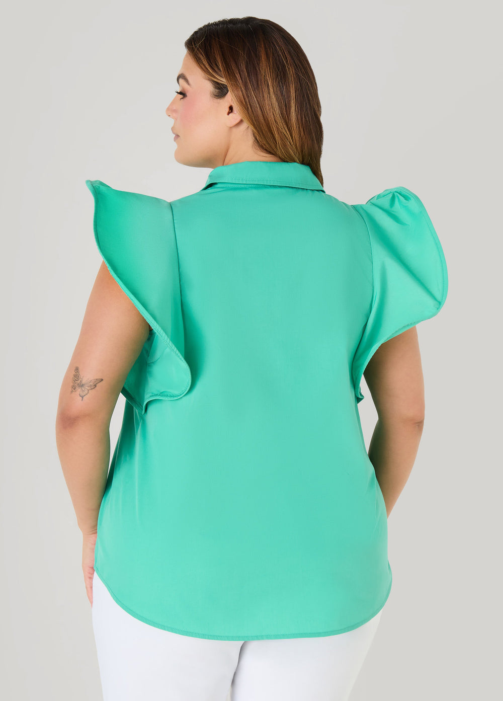 Ruffled Sleeve Poplin Top Green | Ashley Stewart