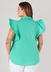 Ruffled Sleeve Poplin Top Green | Ashley Stewart