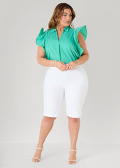 Ruffled Sleeve Poplin Top Green | Ashley Stewart