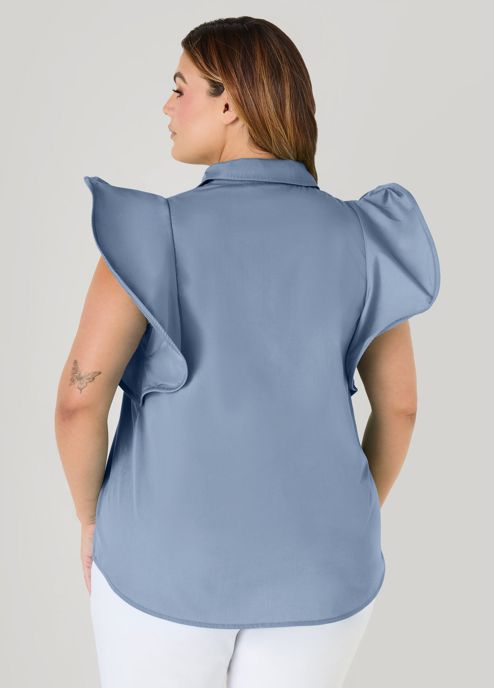Ruffled Sleeve Poplin Top Green | Ashley Stewart