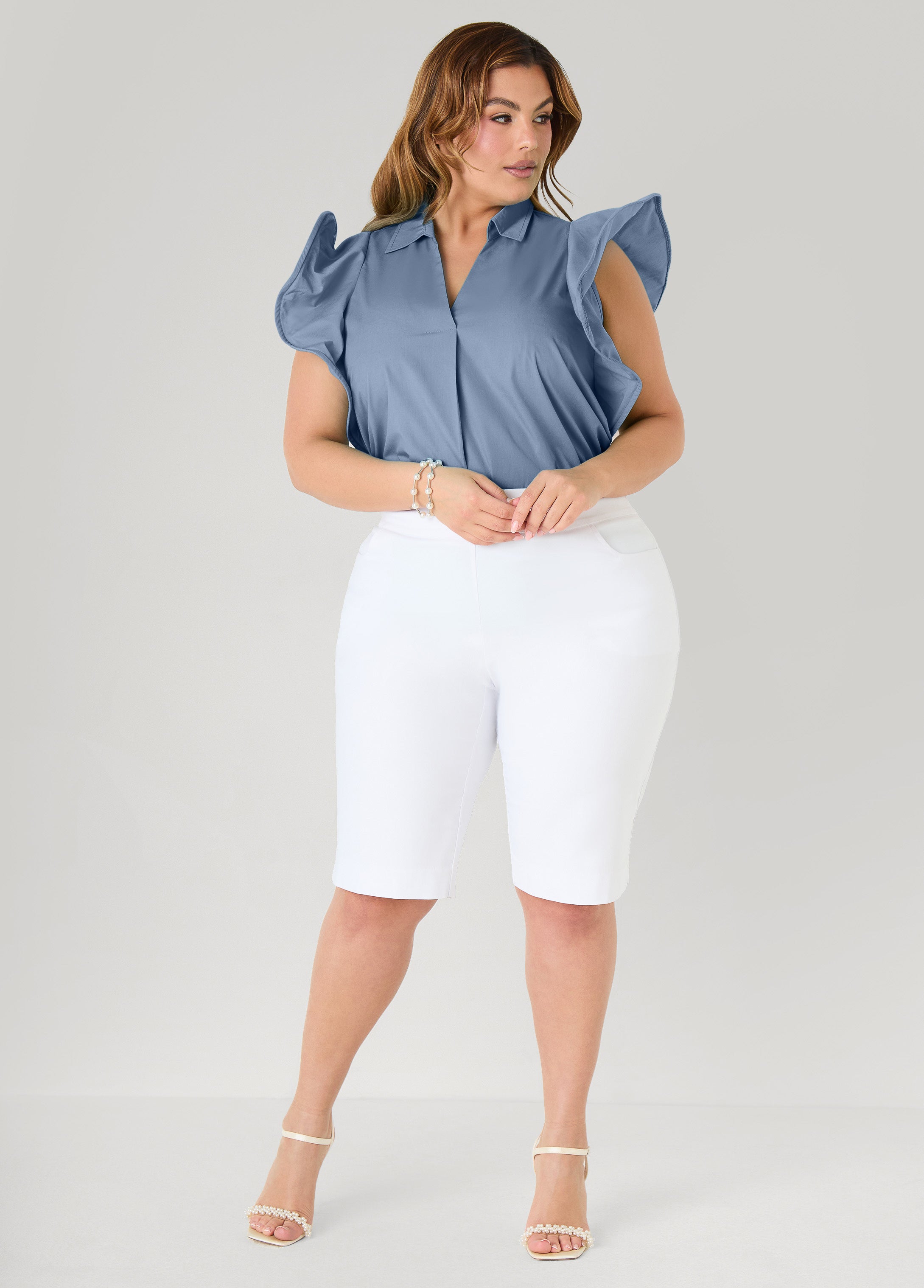 Ruffled Sleeve Poplin Top Green | Ashley Stewart