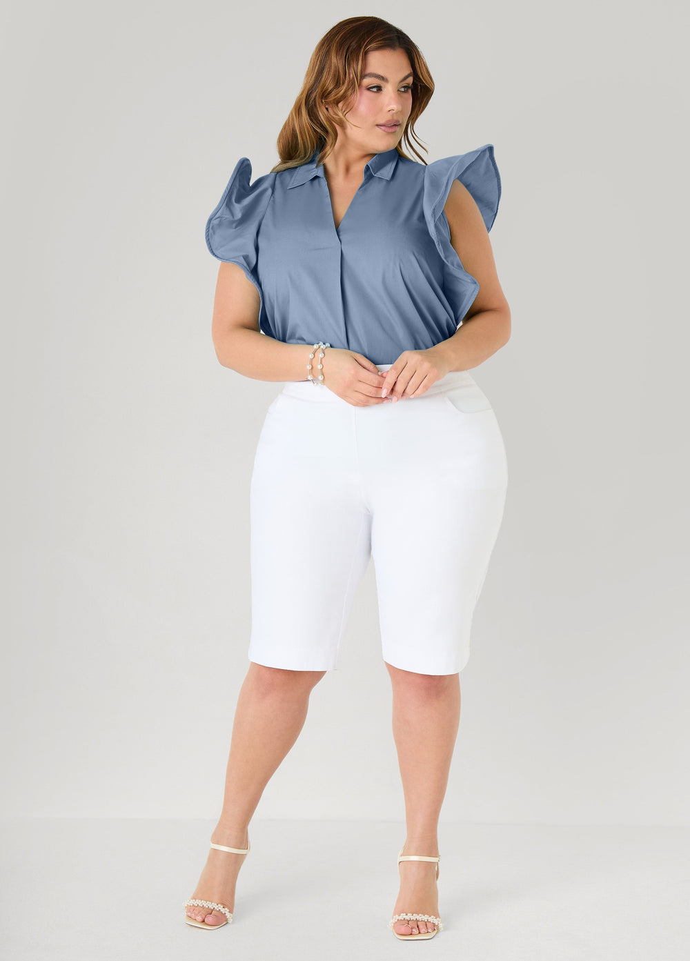 Ruffled Sleeve Poplin Top Green | Ashley Stewart