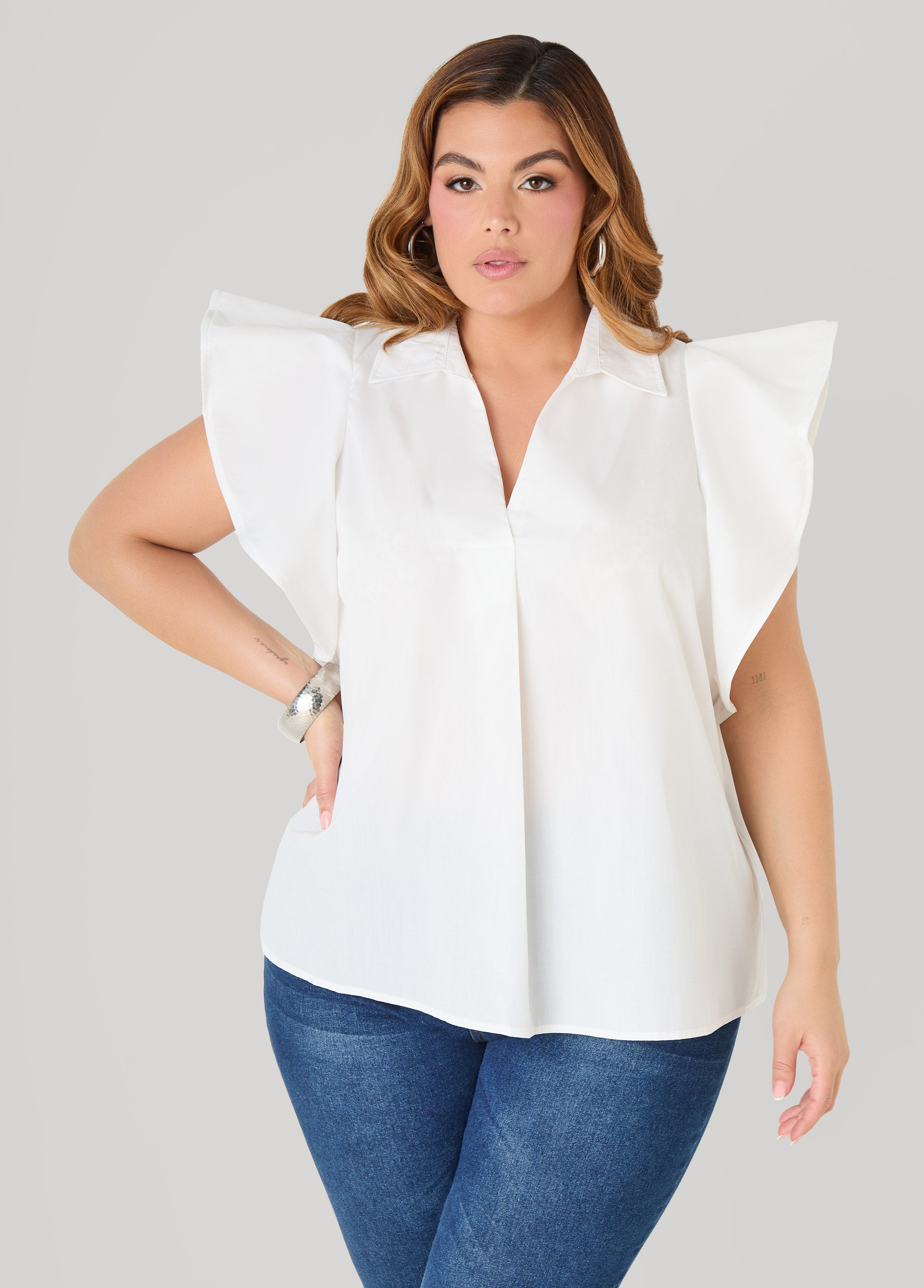 Ruffled Sleeve Poplin Top Green | Ashley Stewart