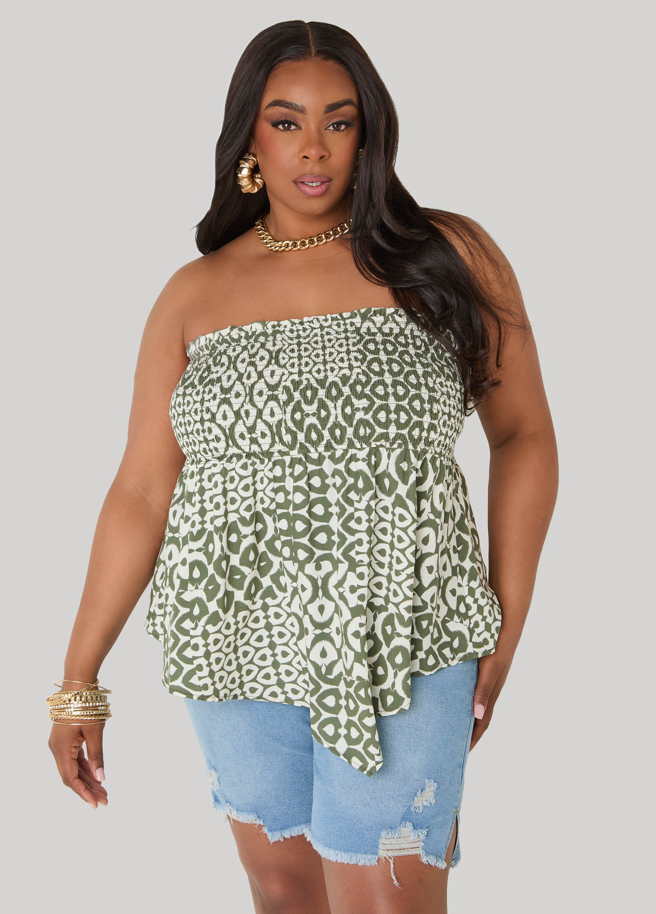 Printed Strapless Handkerchief Top Olive | Ashley Stewart