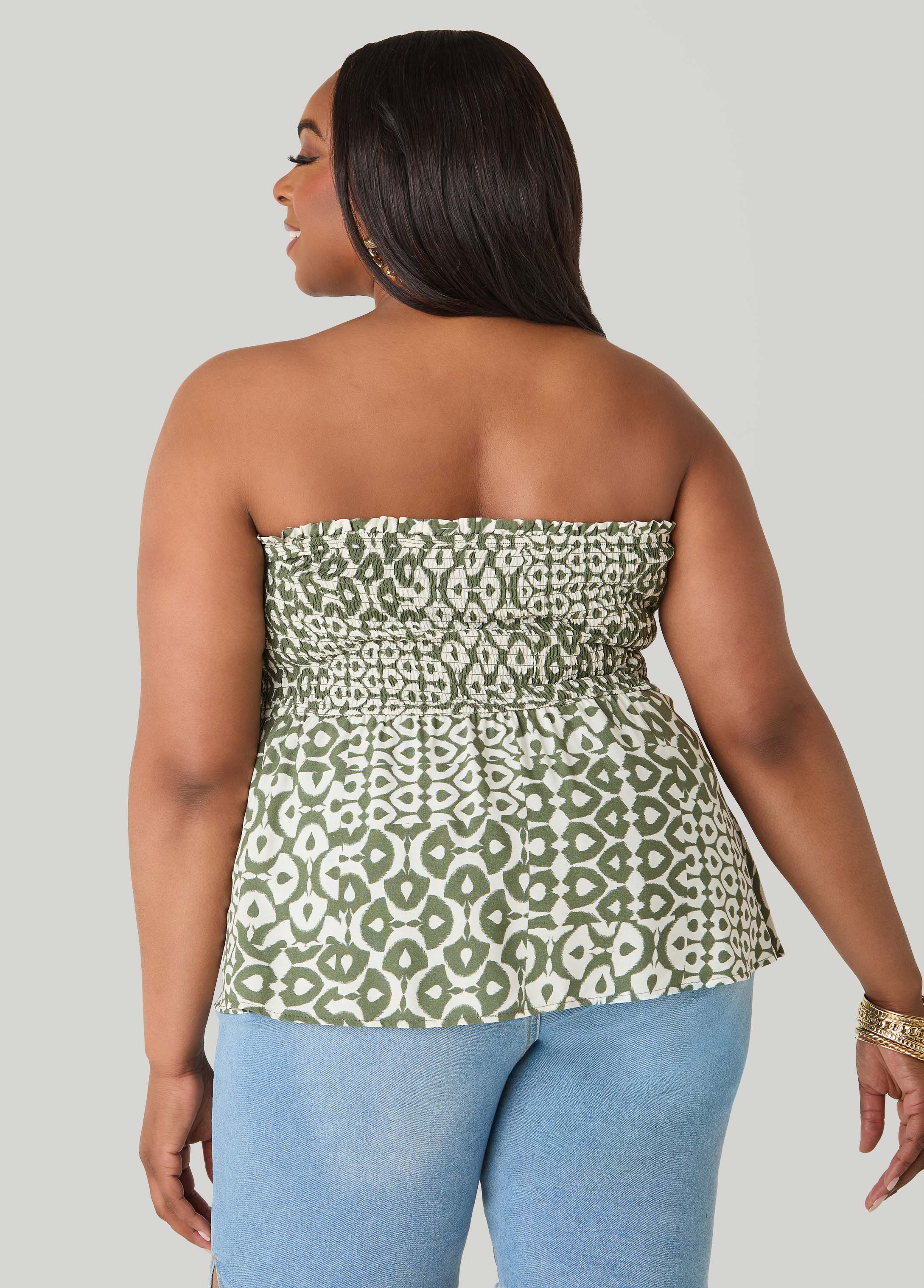 Printed Strapless Handkerchief Top Olive | Ashley Stewart