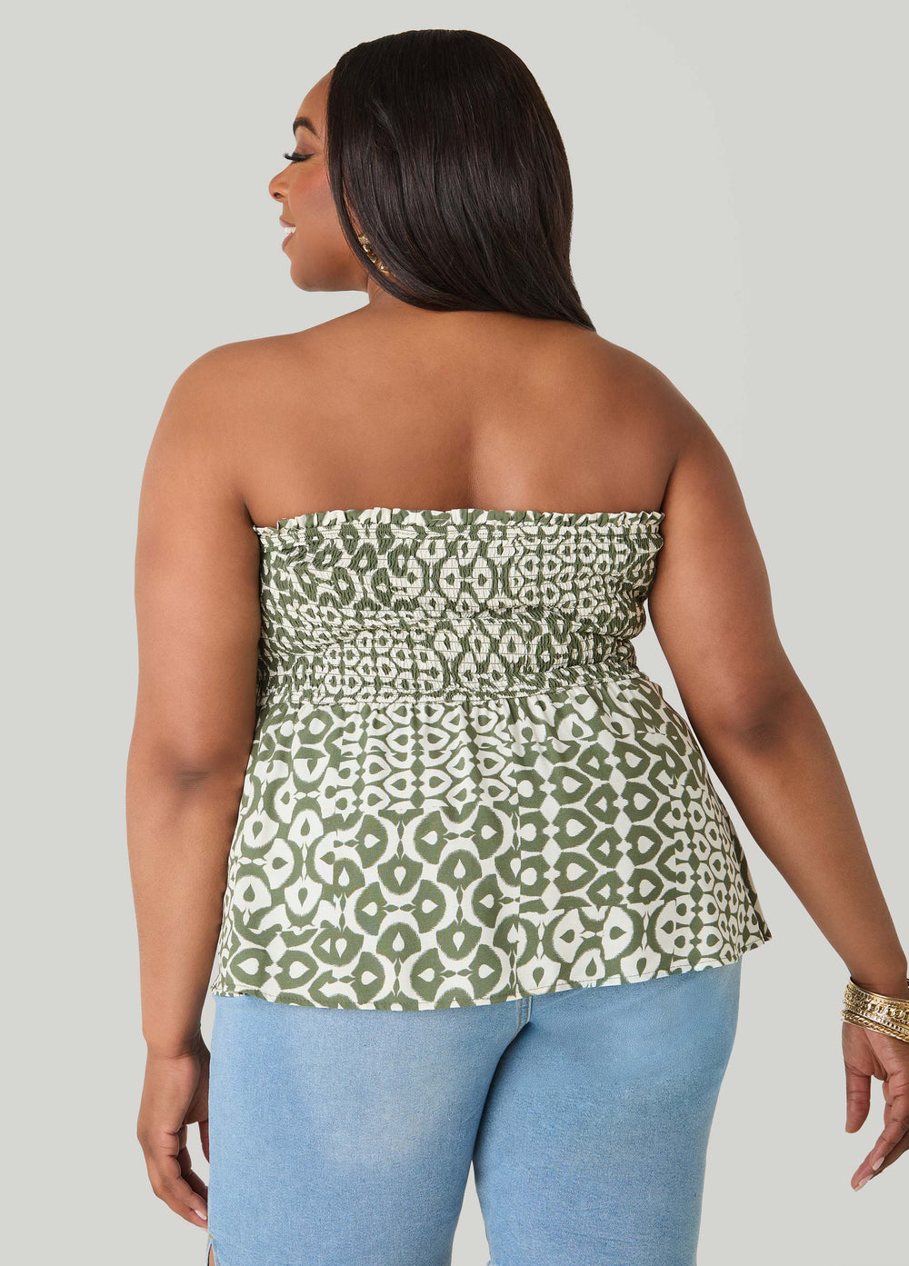 Printed Strapless Handkerchief Top Olive | Ashley Stewart