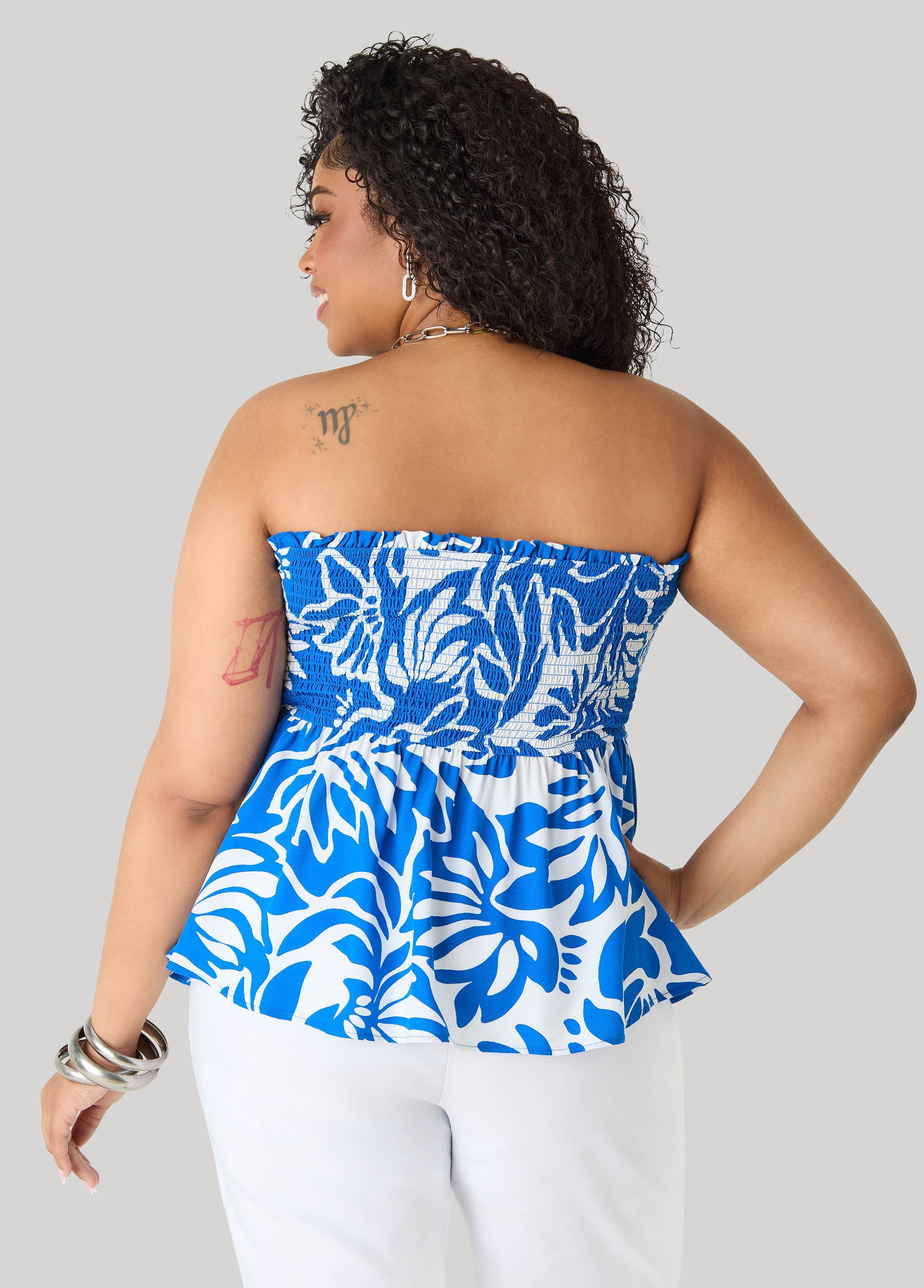 Printed Strapless Handkerchief Top Olive | Ashley Stewart