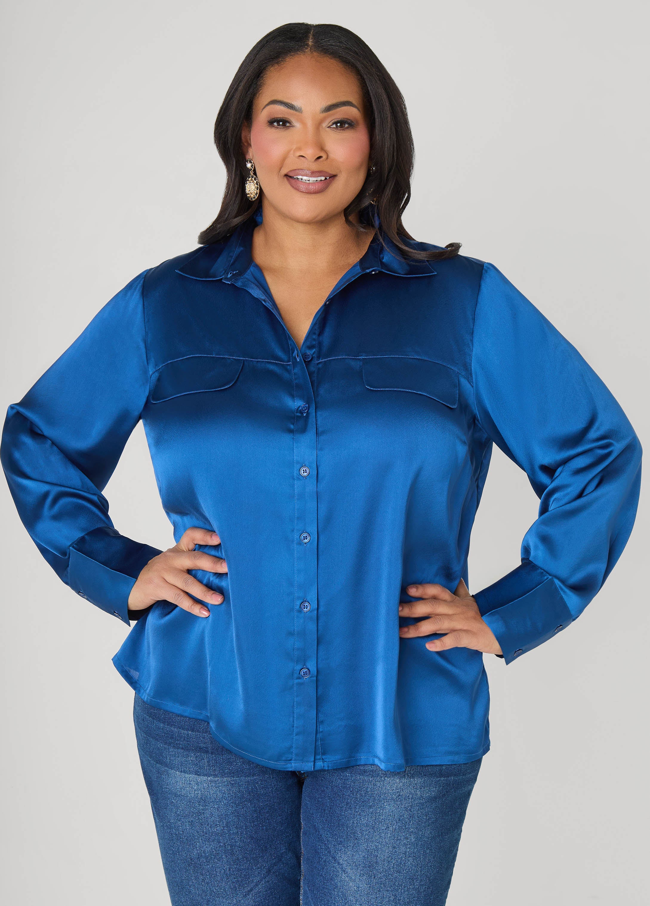 Satin Shirt Navy Peony | Ashley Stewart