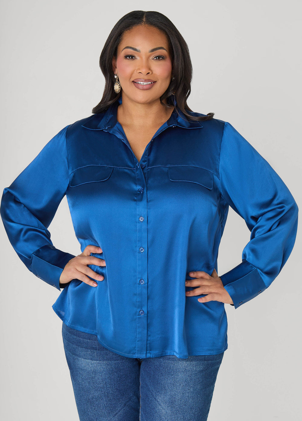 Satin Shirt Navy Peony | Ashley Stewart