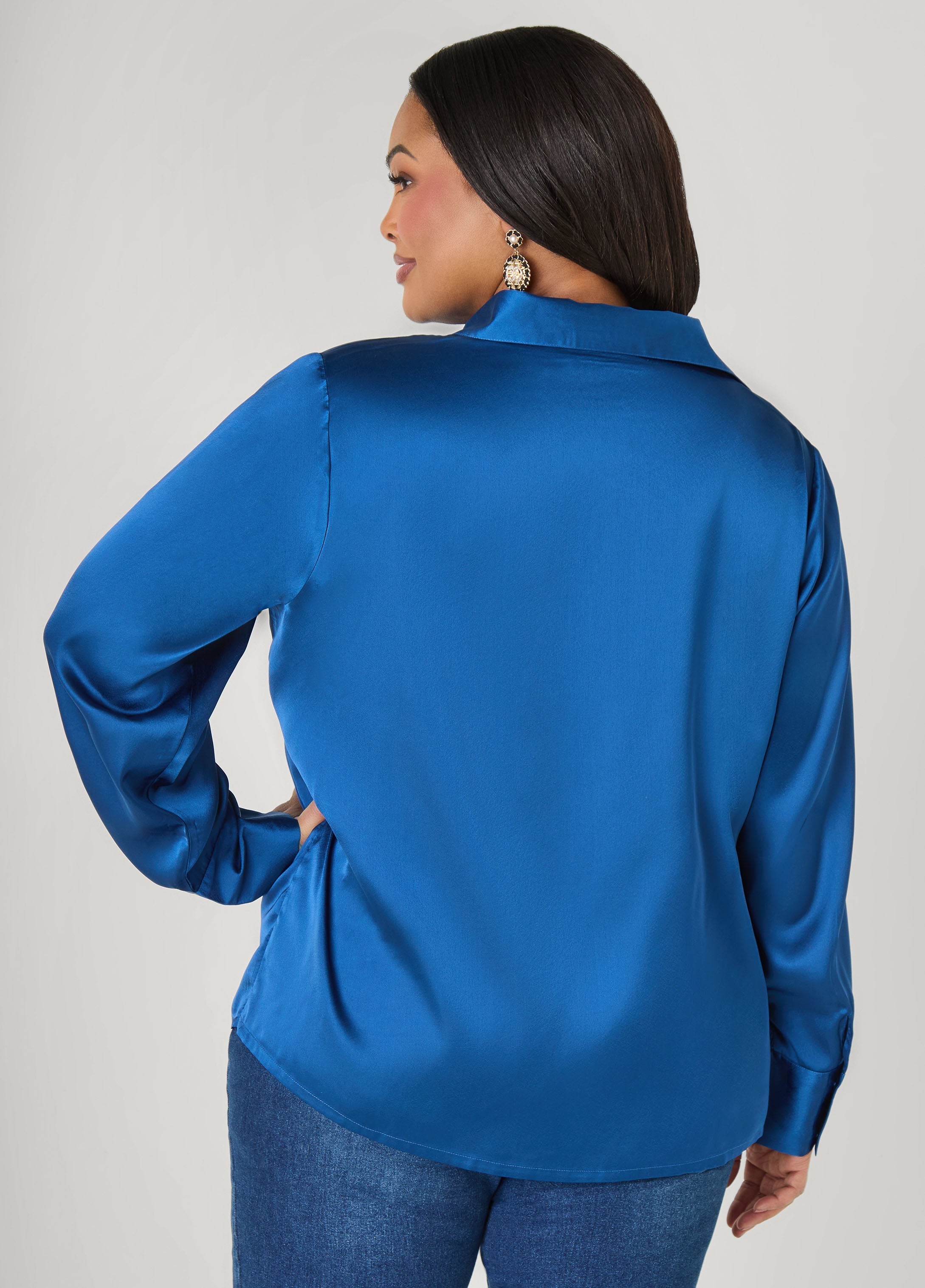 Satin Shirt Navy Peony | Ashley Stewart