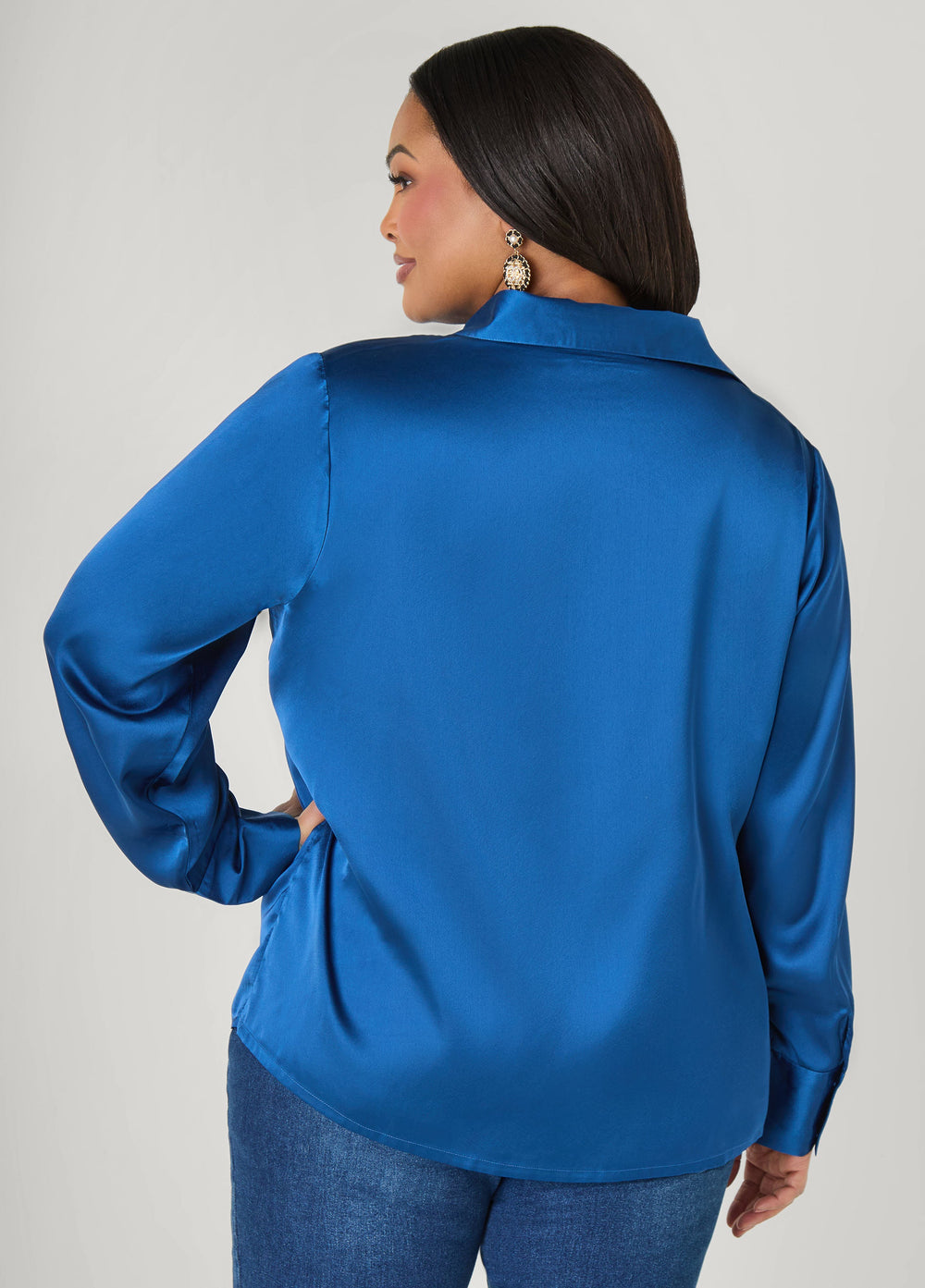 Satin Shirt Navy Peony | Ashley Stewart