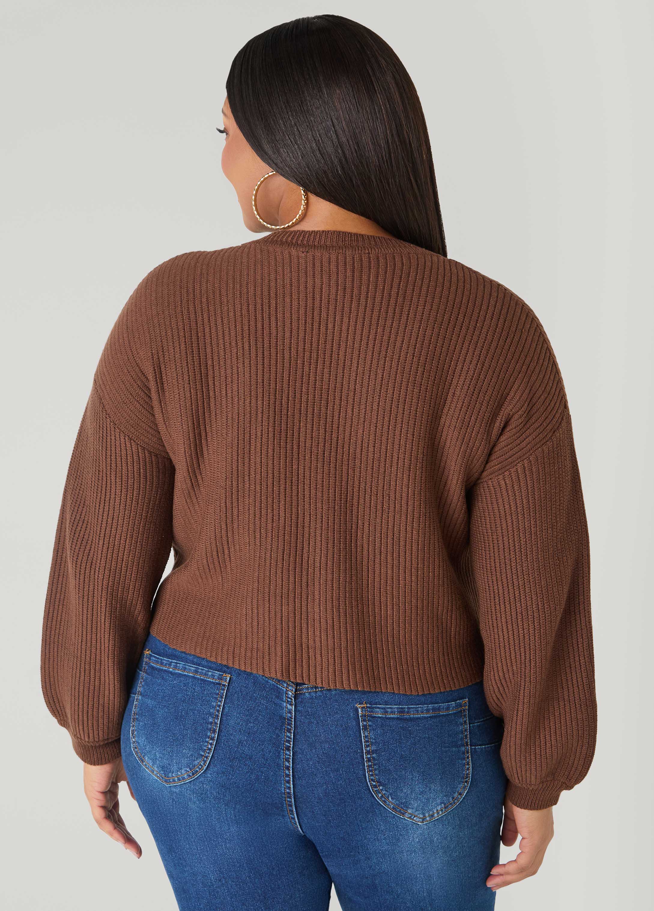 Cropped Ribbed Knit Sweater Potting Soil | Ashley Stewart