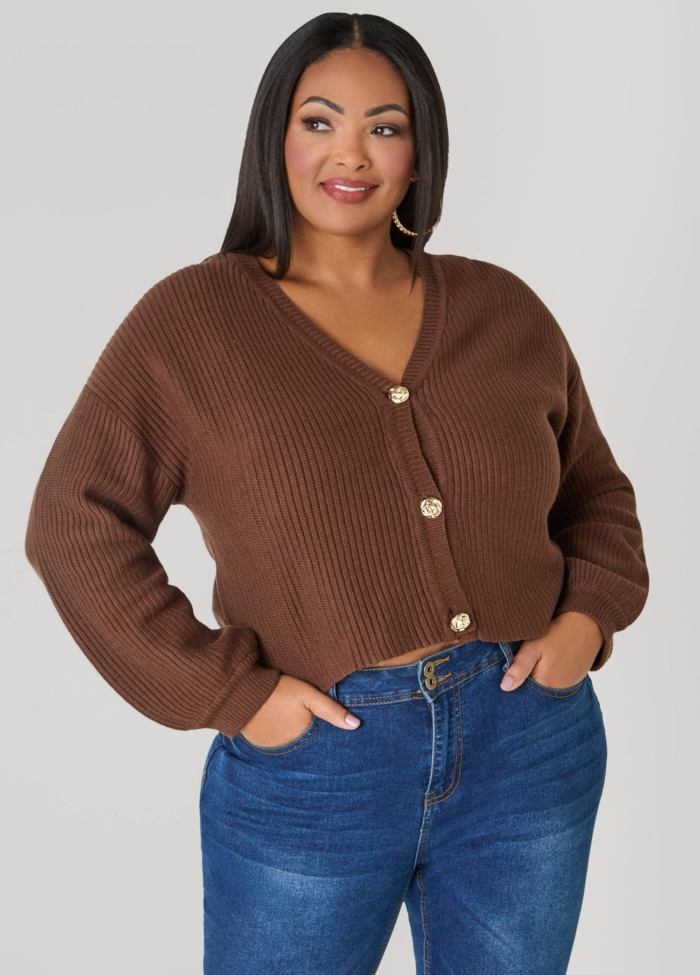 Cropped Ribbed Knit Sweater Potting Soil | Ashley Stewart
