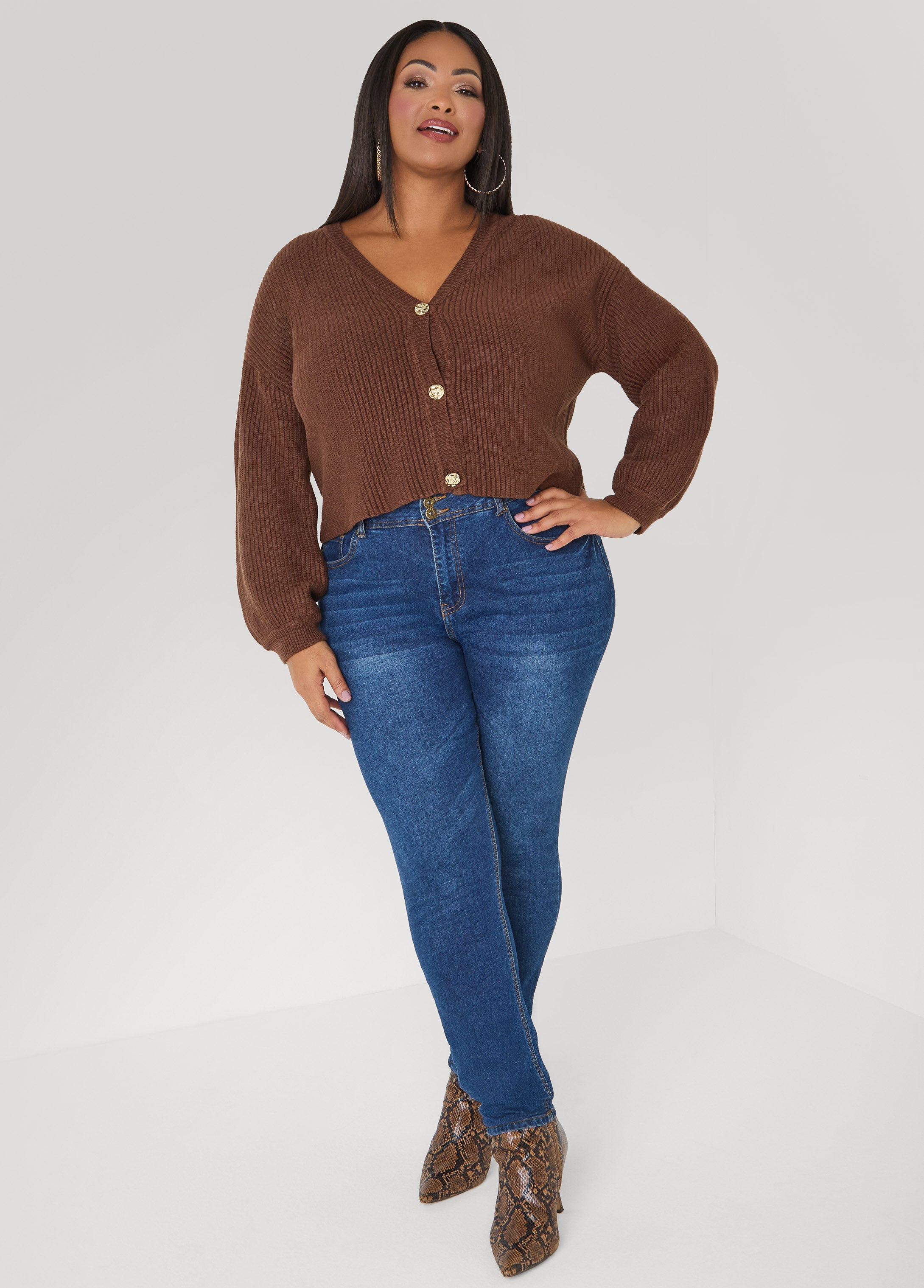 Cropped Ribbed Knit Sweater Potting Soil | Ashley Stewart
