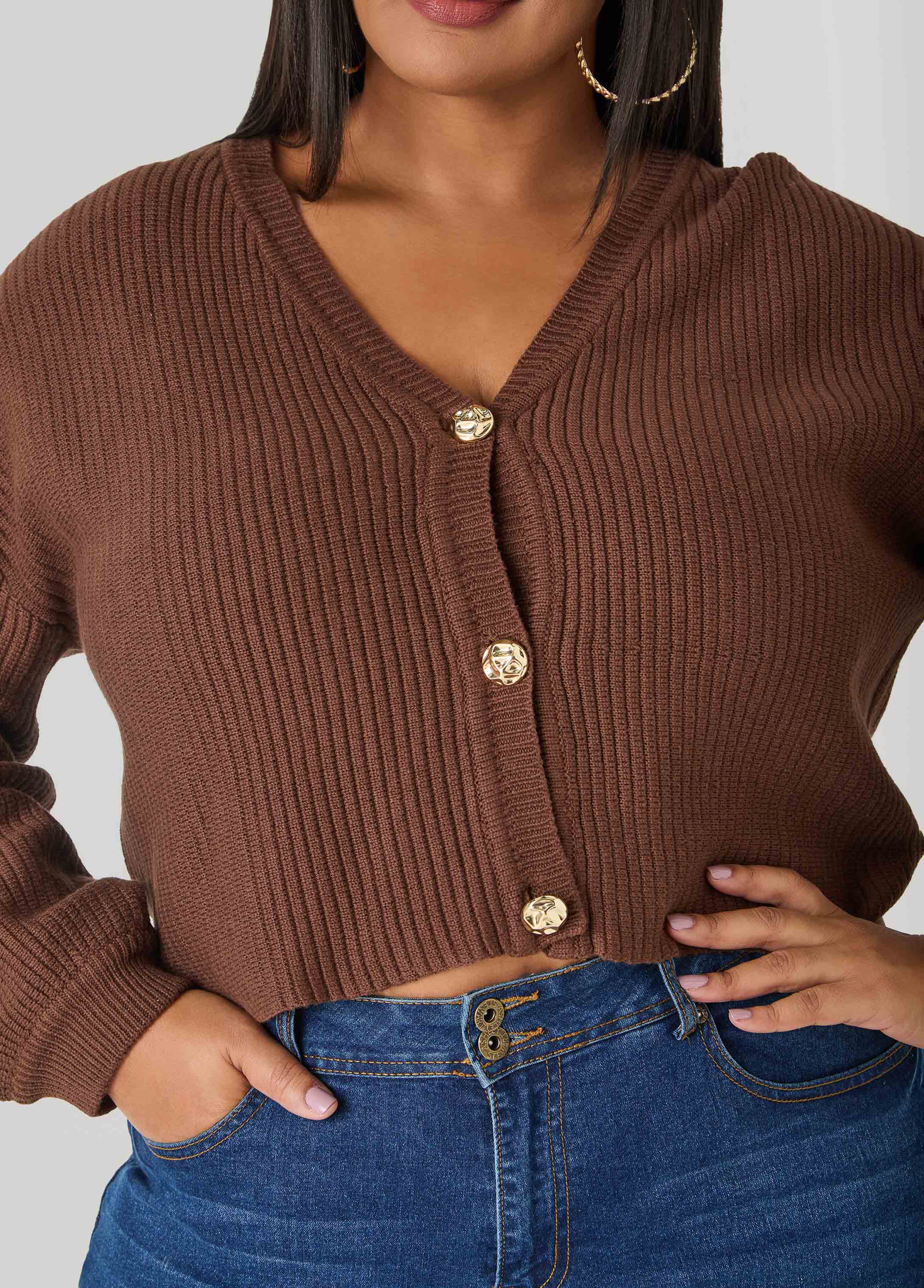 Cropped Ribbed Knit Sweater Potting Soil | Ashley Stewart