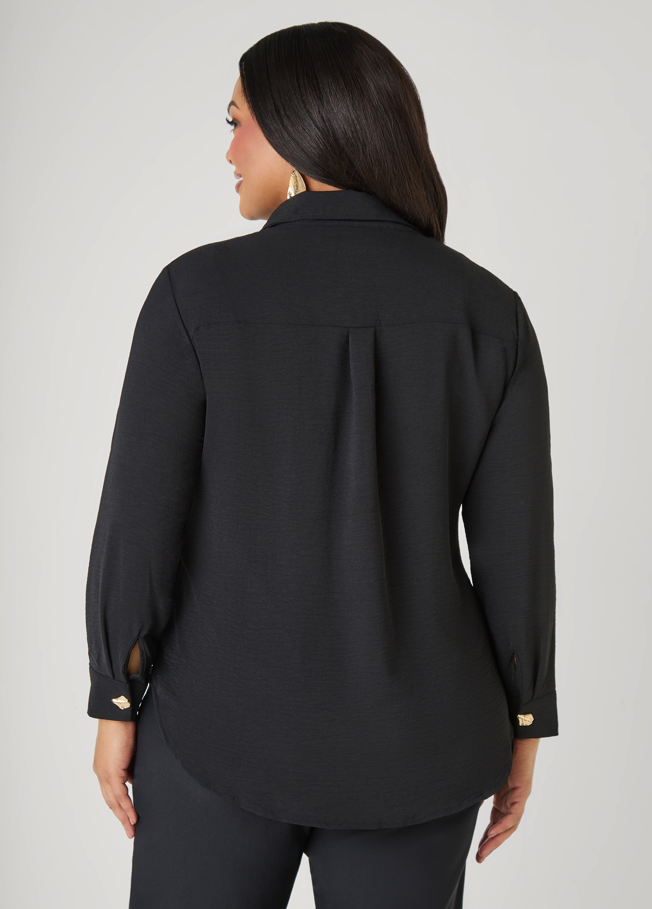 Button Embellished Textured Shirt Black | Ashley Stewart