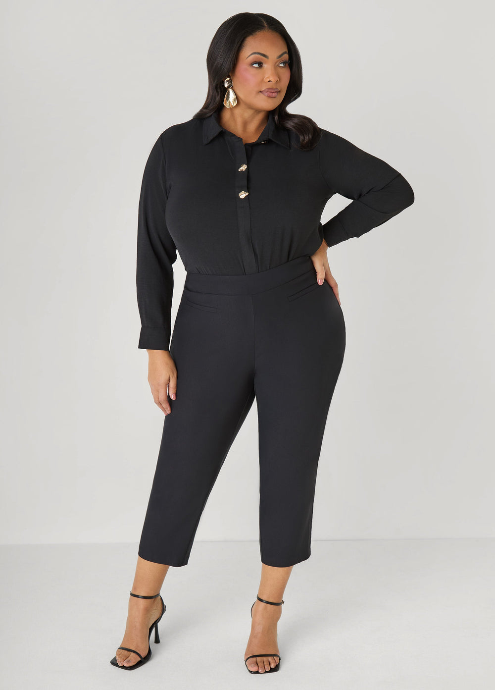 Button Embellished Textured Shirt Black | Ashley Stewart