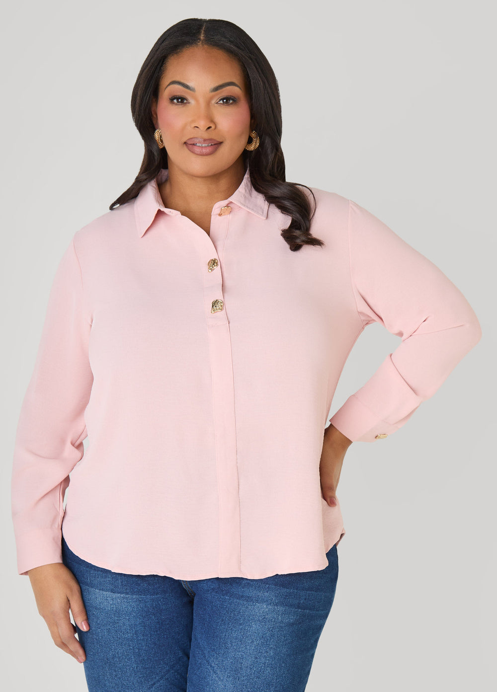 Button Embellished Textured Shirt Black | Ashley Stewart