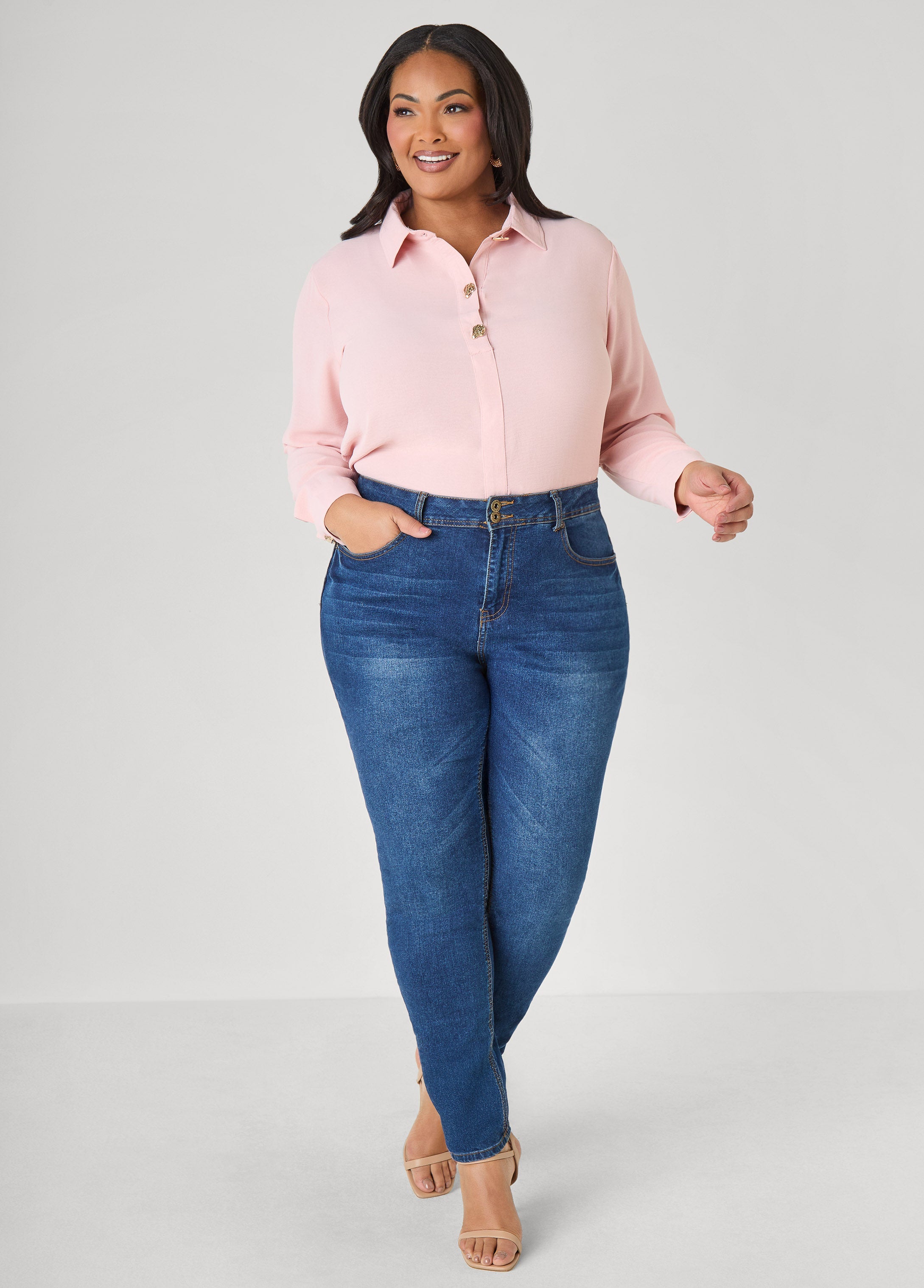 Button Embellished Textured Shirt Black | Ashley Stewart