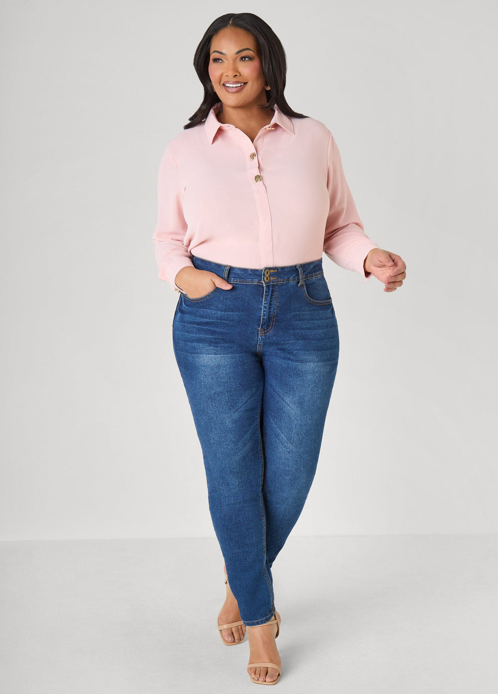 Button Embellished Textured Shirt Black | Ashley Stewart