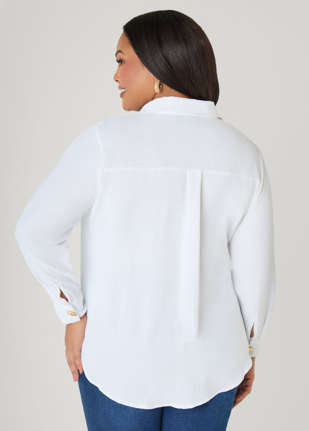 Button Embellished Textured Shirt Black | Ashley Stewart