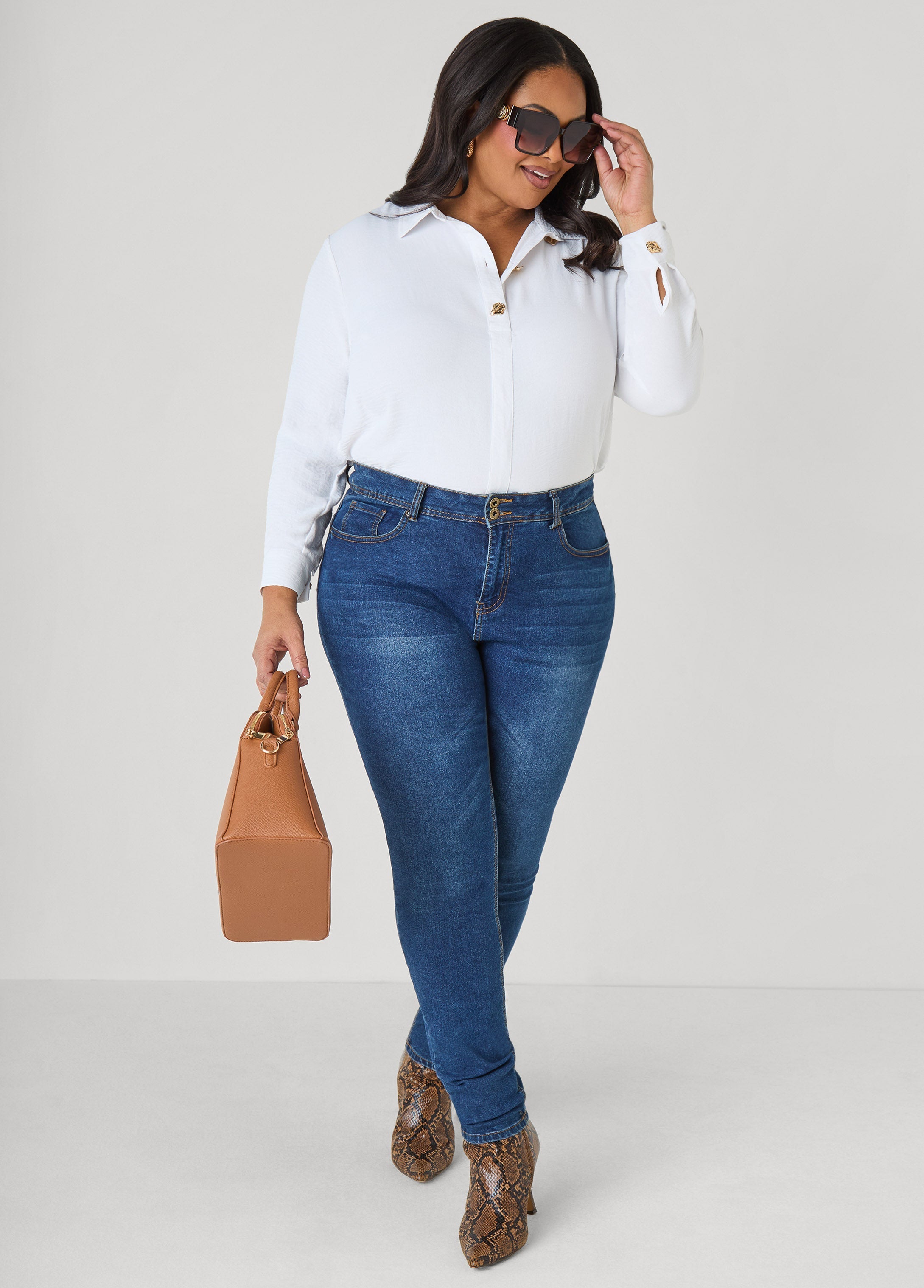 Button Embellished Textured Shirt Black | Ashley Stewart