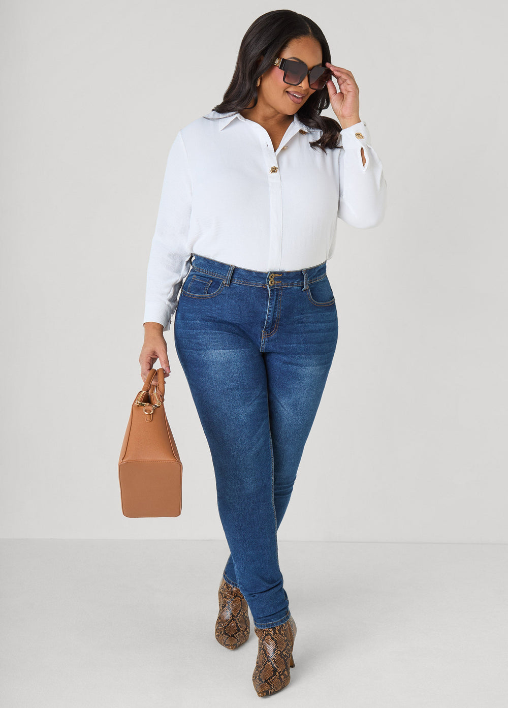 Button Embellished Textured Shirt Black | Ashley Stewart
