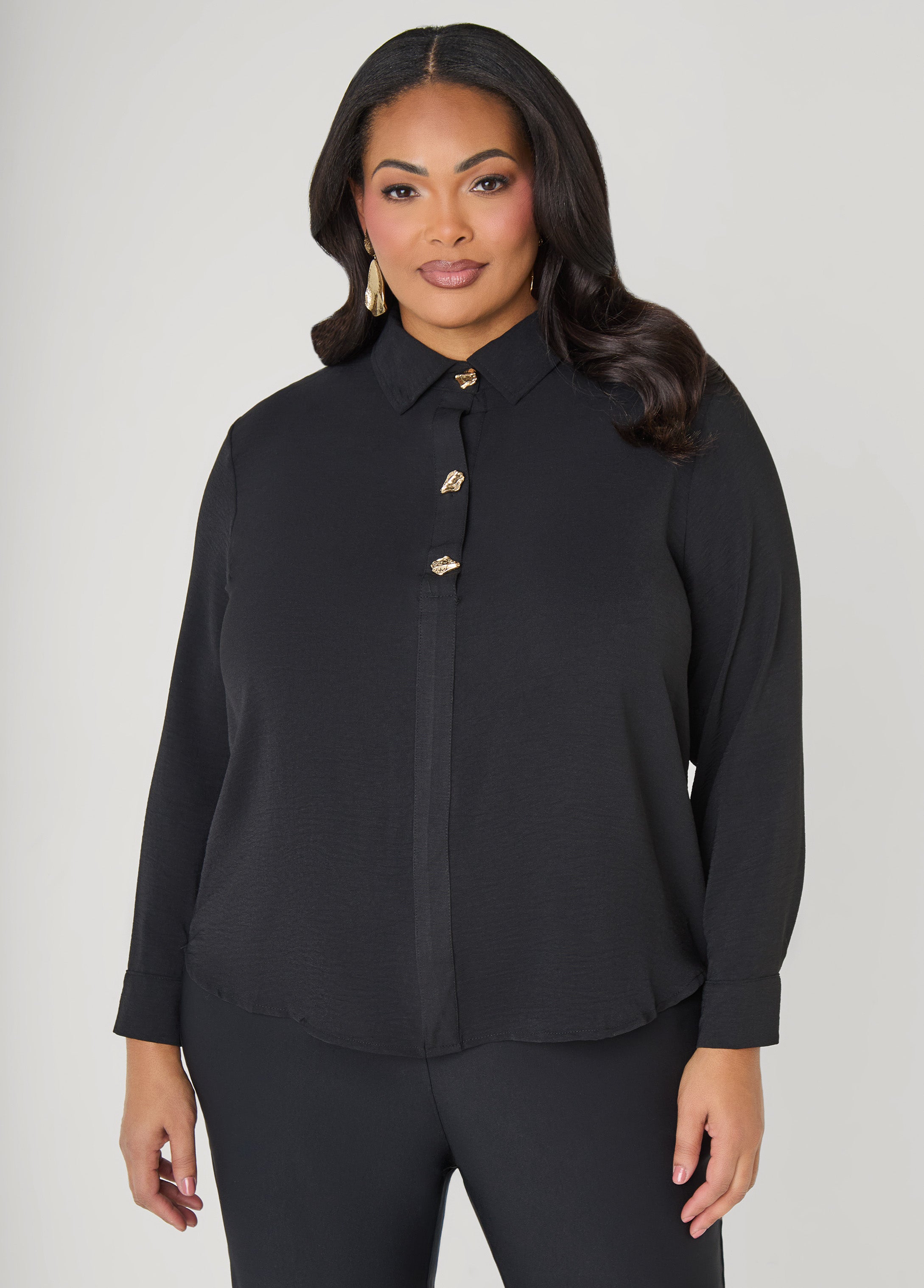 Button Embellished Textured Shirt Black | Ashley Stewart