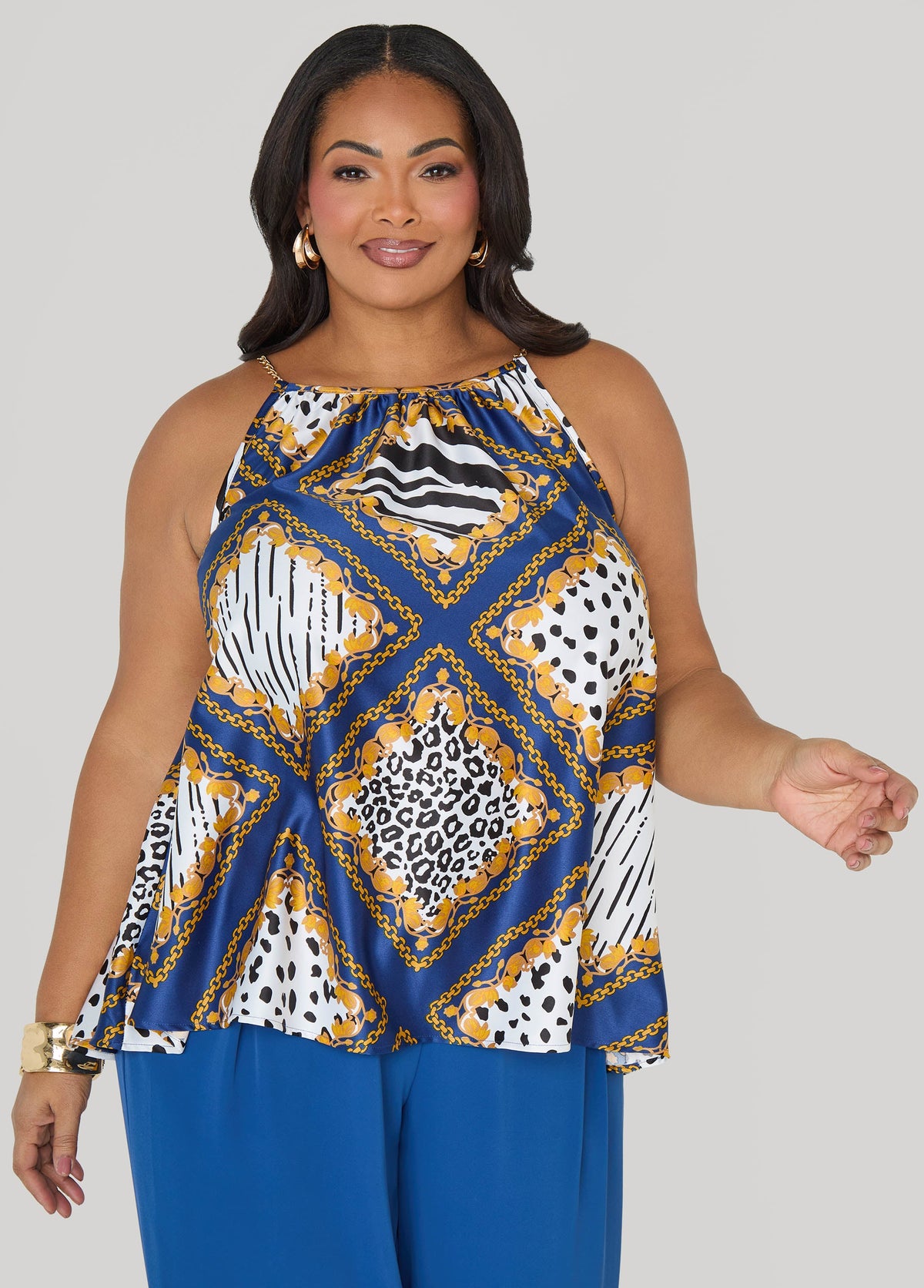 Chain Trimmed Animal Print Cami Navy Peony | Ashley Stewart