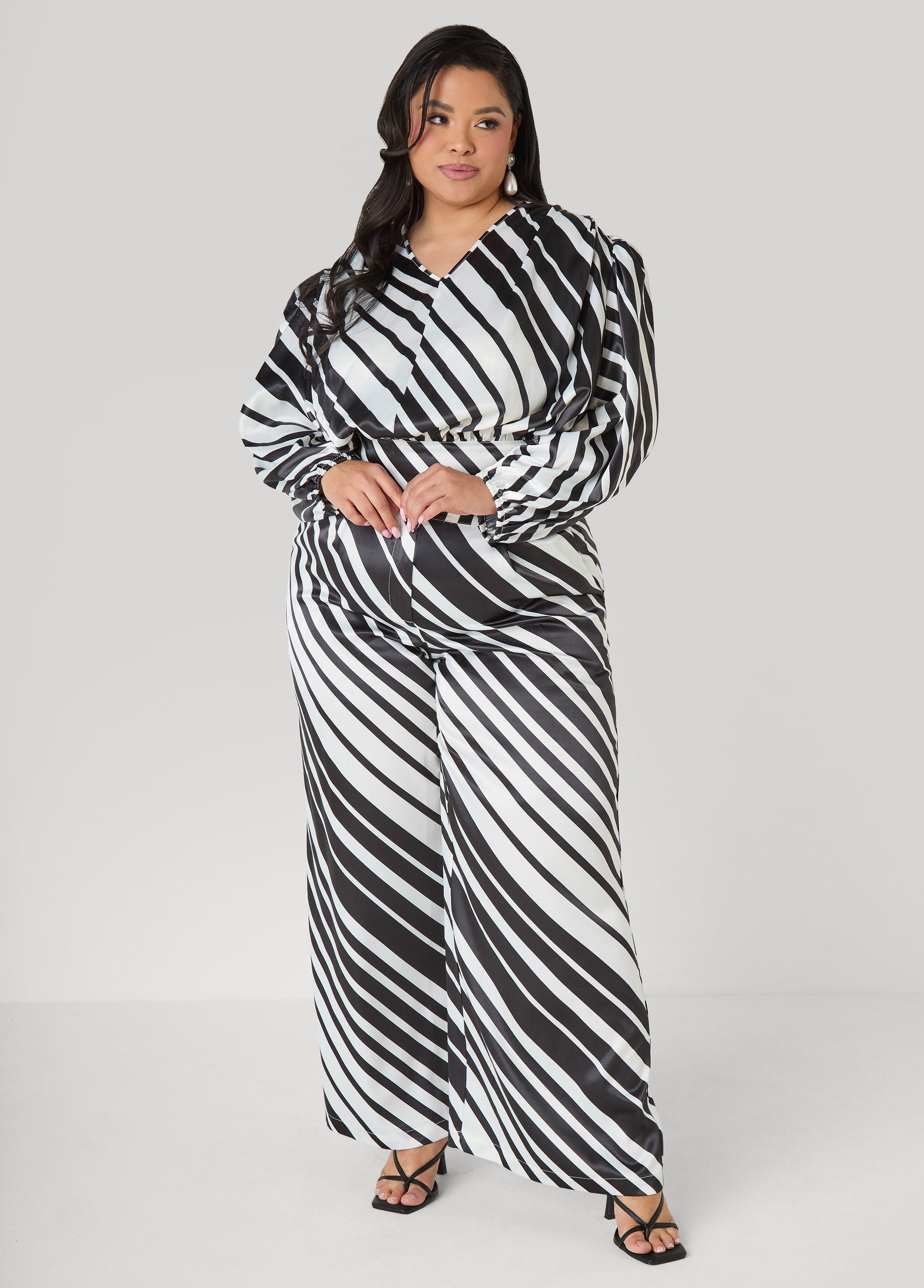 Striped Satin Blouse White Black | Ashley Stewart