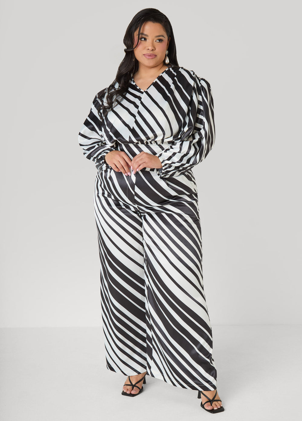 Striped Satin Blouse White Black | Ashley Stewart