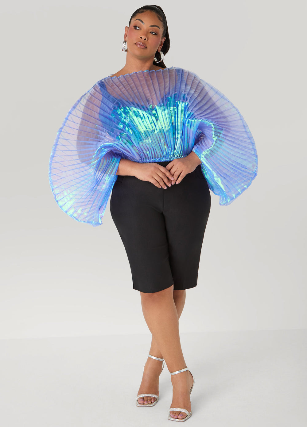 Iridescent Pleated Organza Top Blue | Ashley Stewart