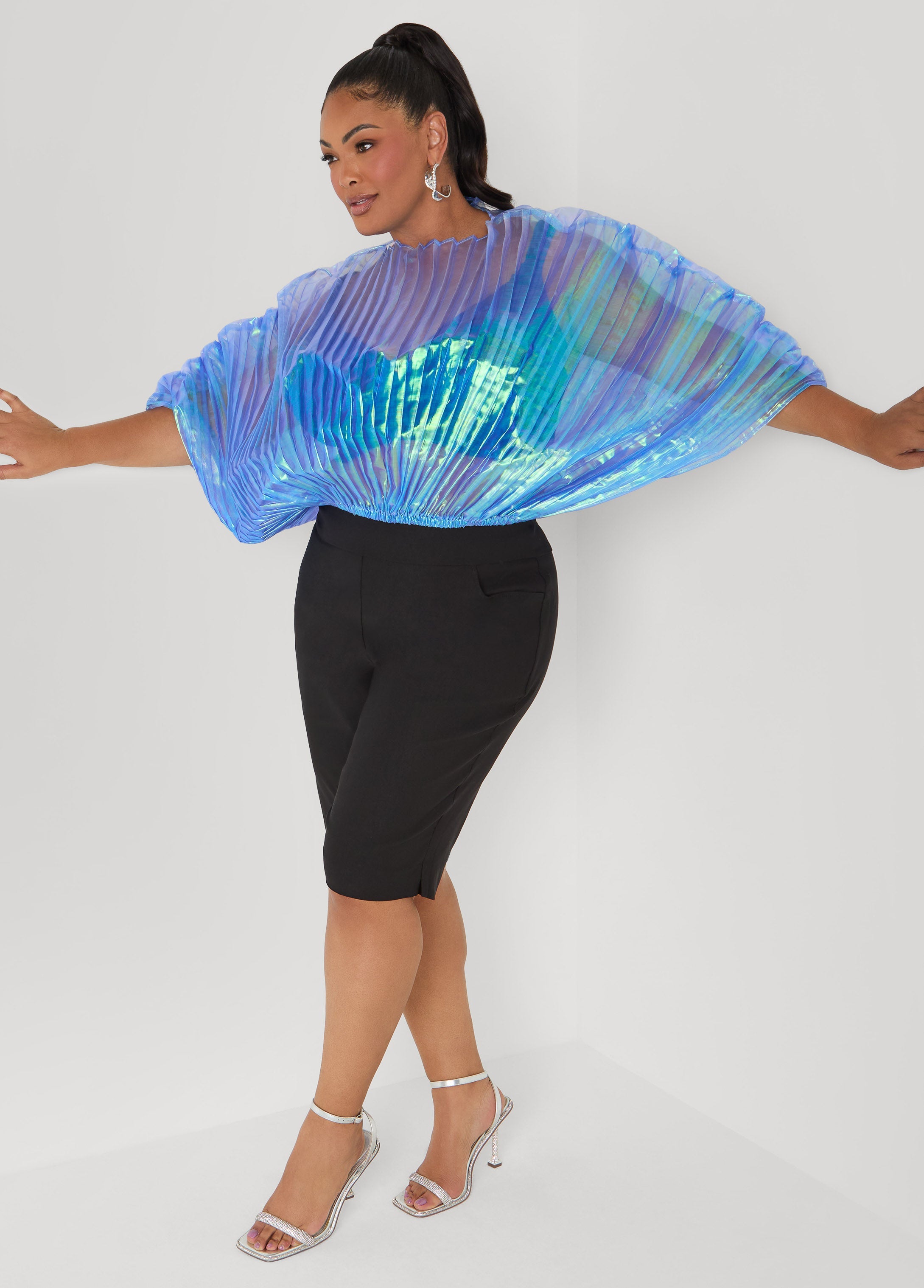 Iridescent Pleated Organza Top Blue | Ashley Stewart