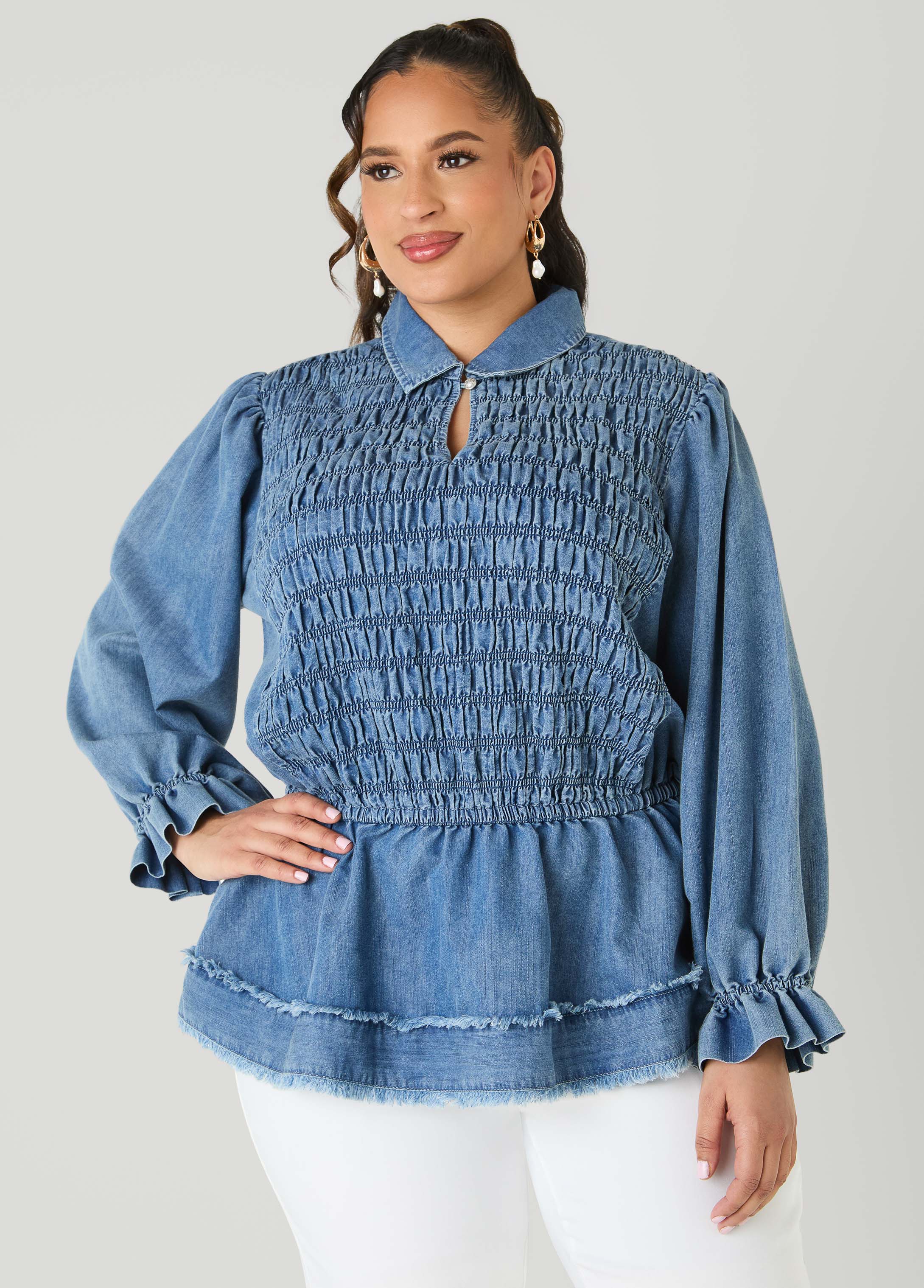 Smocked Denim Peplum Top Denim | Ashley Stewart