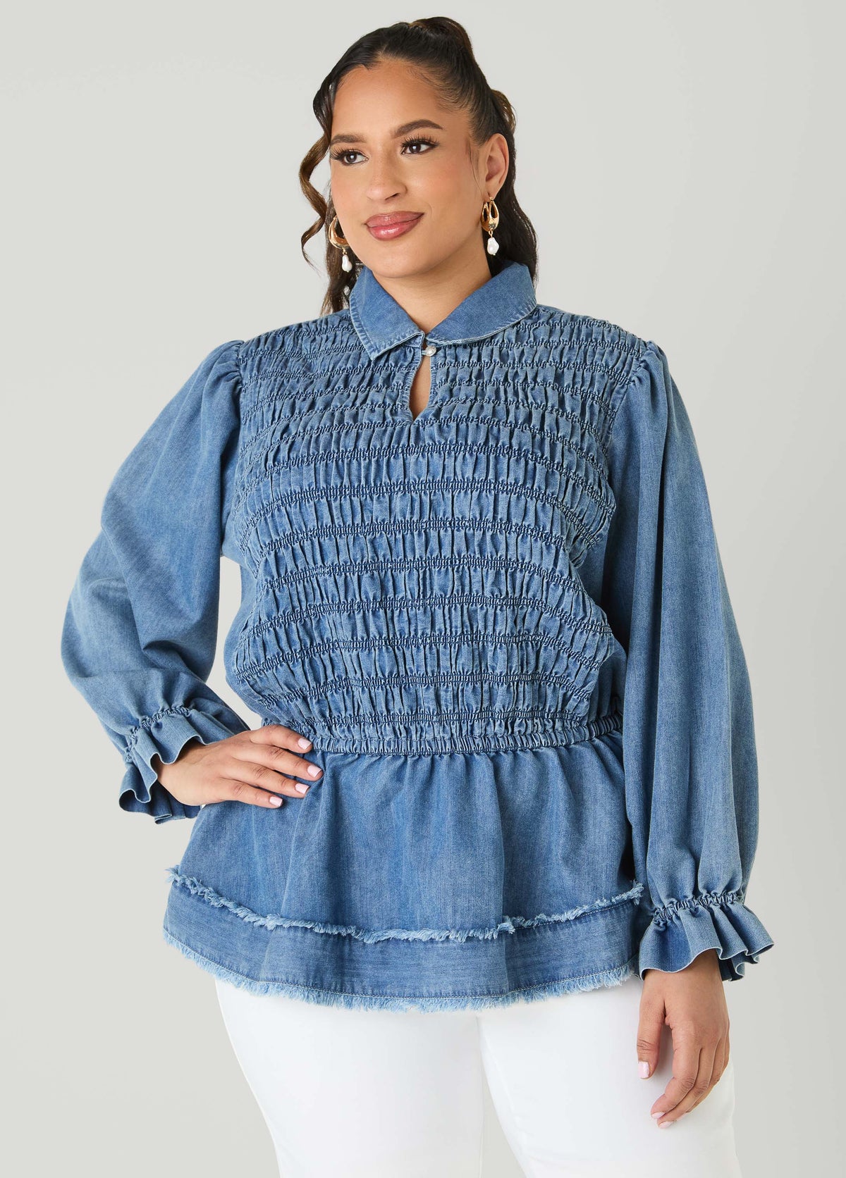 Smocked Denim Peplum Top Denim | Ashley Stewart