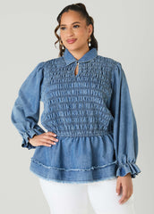Smocked Denim Peplum Top Denim | Ashley Stewart