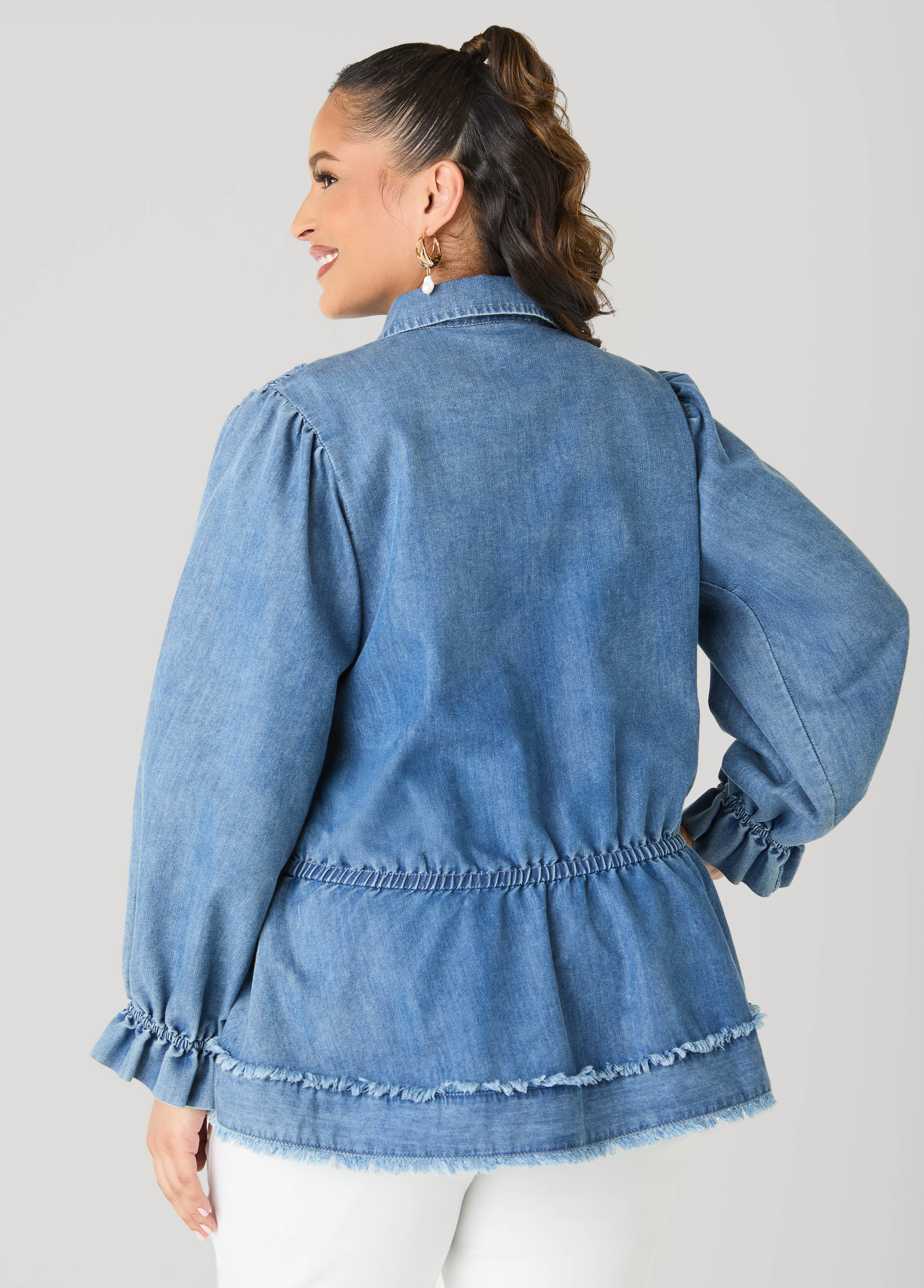 Smocked Denim Peplum Top Denim | Ashley Stewart