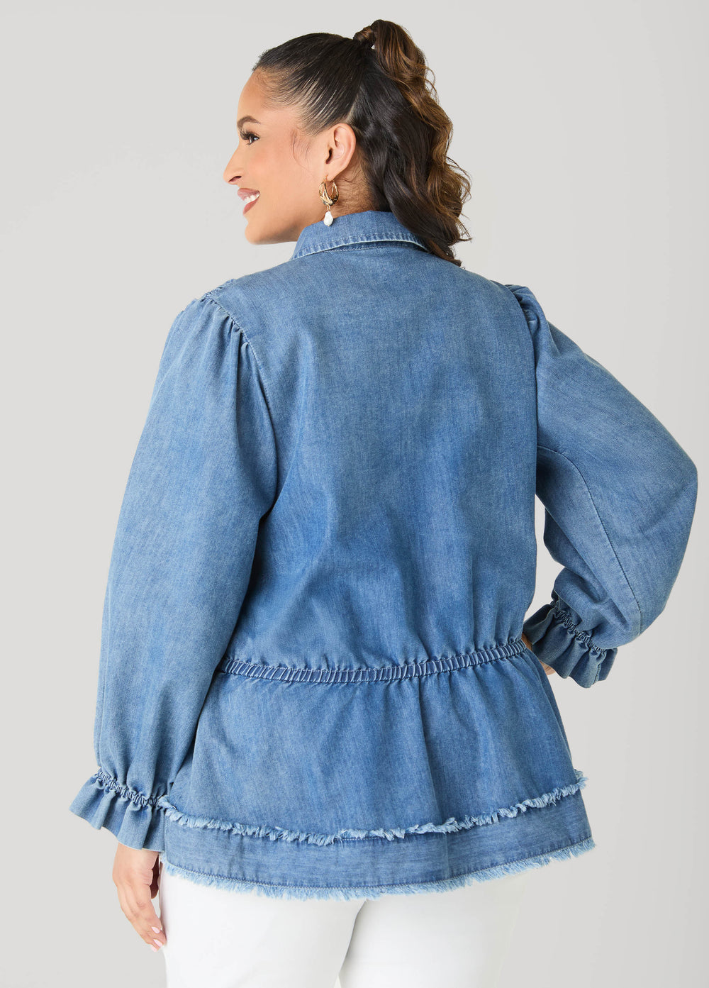 Smocked Denim Peplum Top Denim | Ashley Stewart