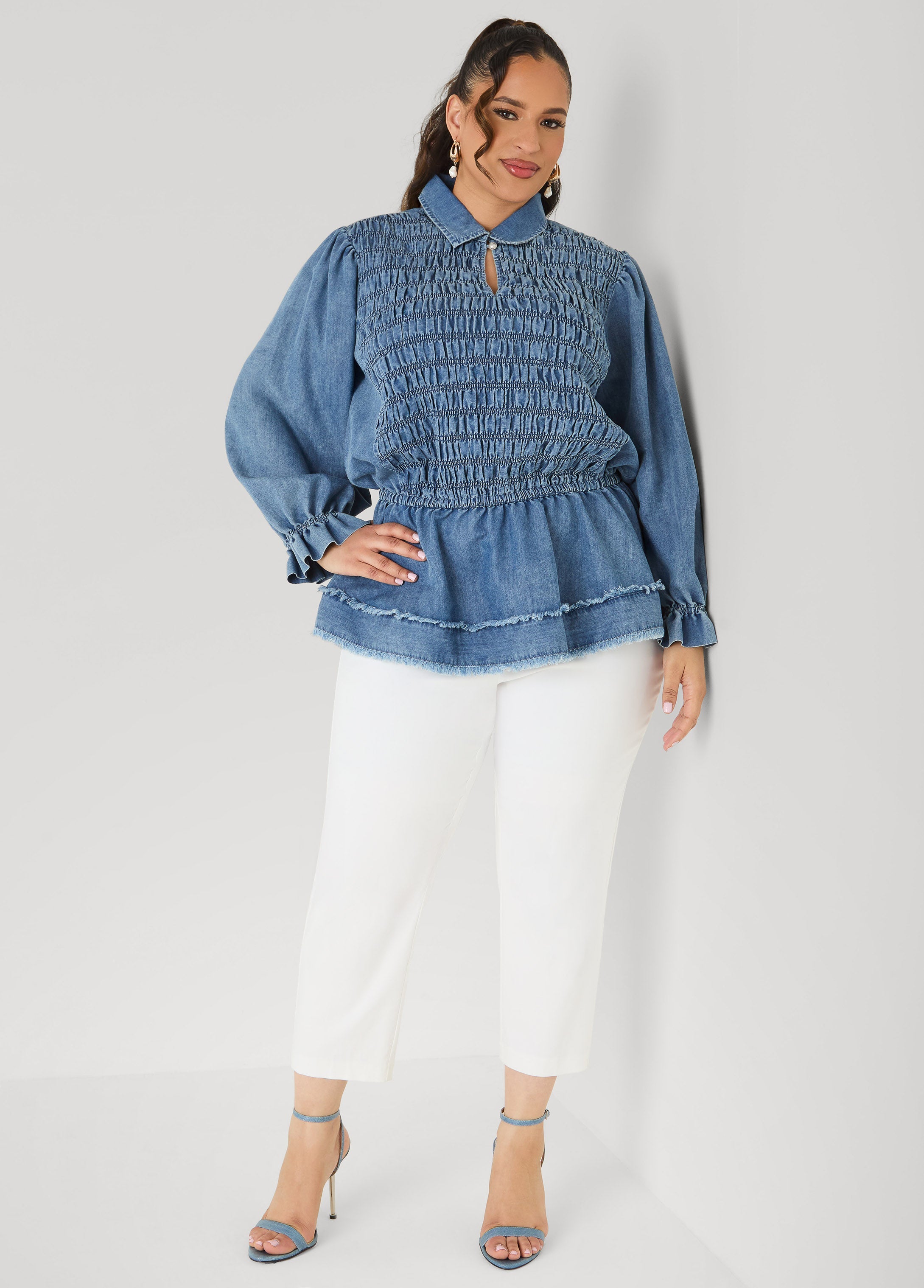 Smocked Denim Peplum Top Denim | Ashley Stewart
