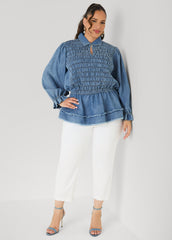 Smocked Denim Peplum Top Denim | Ashley Stewart