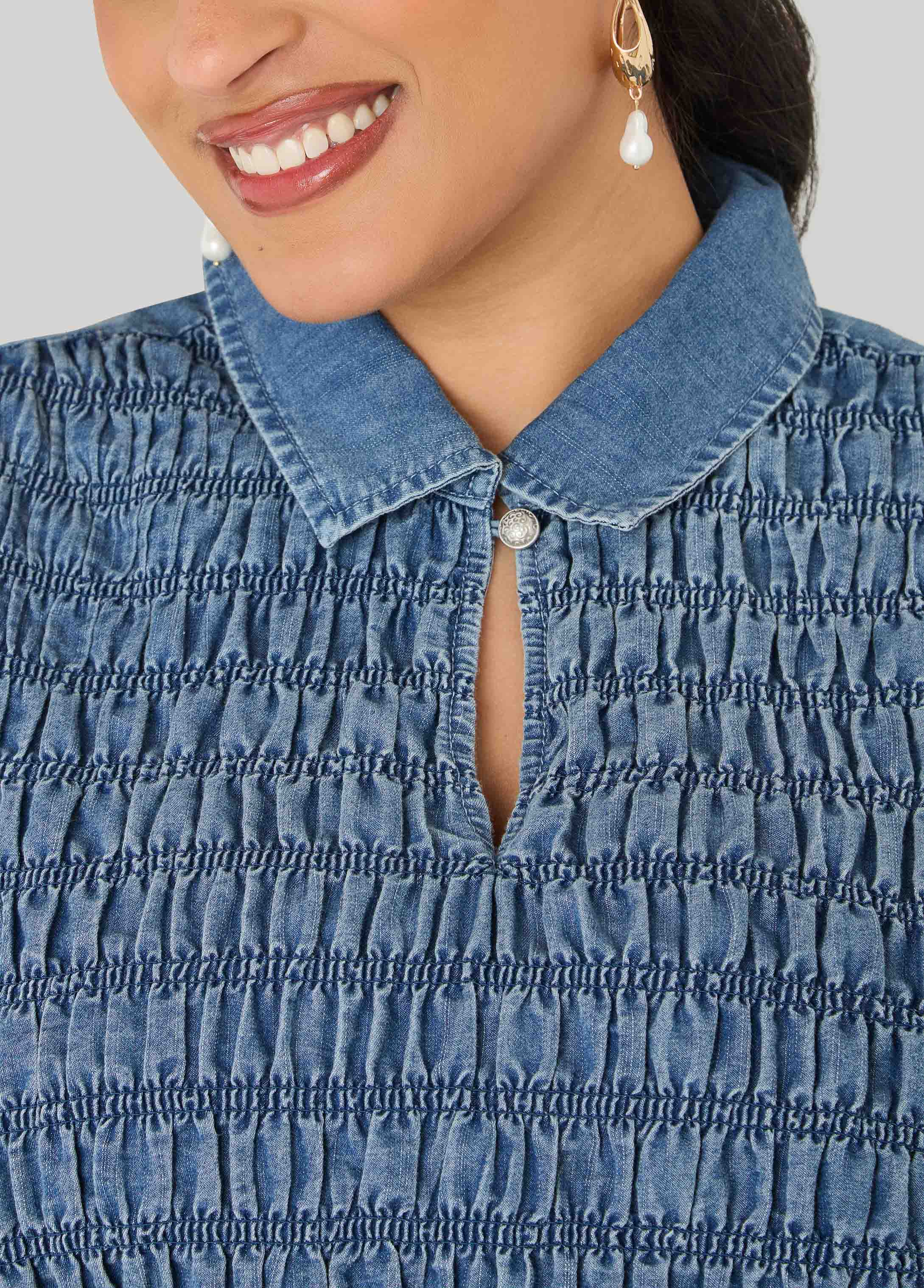 Smocked Denim Peplum Top Denim | Ashley Stewart