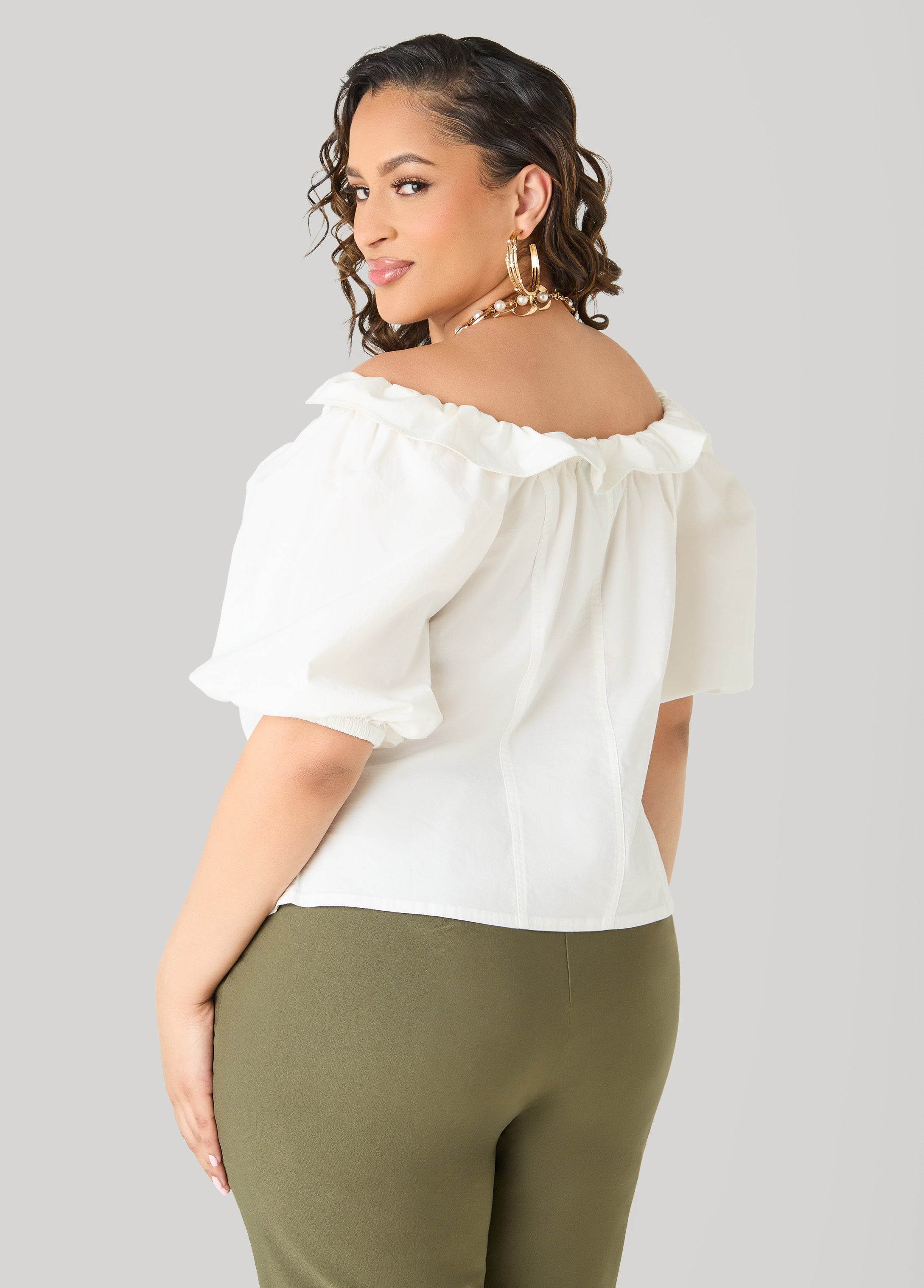 Puff Sleeve Off The Shoulder Shirt White | Ashley Stewart