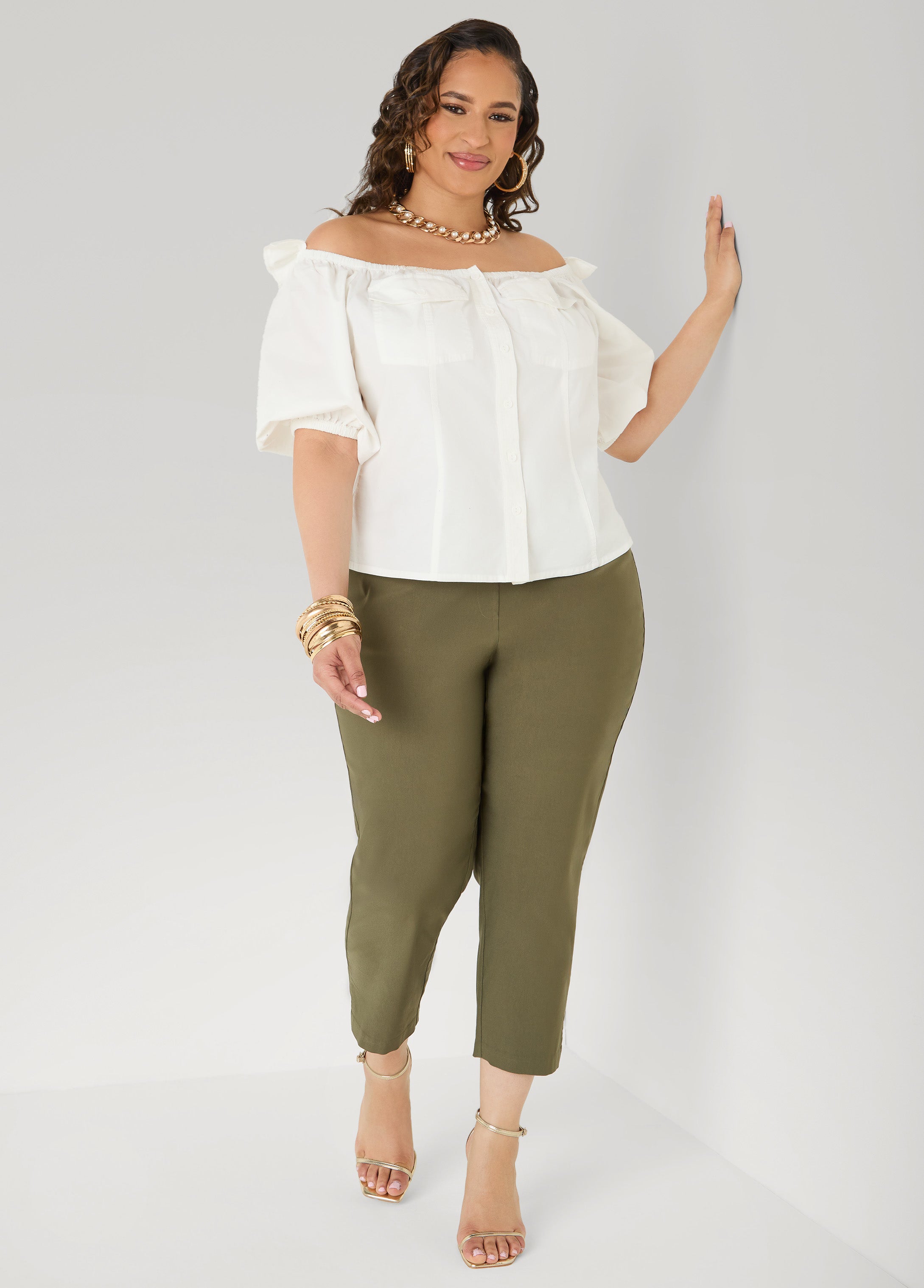 Puff Sleeve Off The Shoulder Shirt White | Ashley Stewart