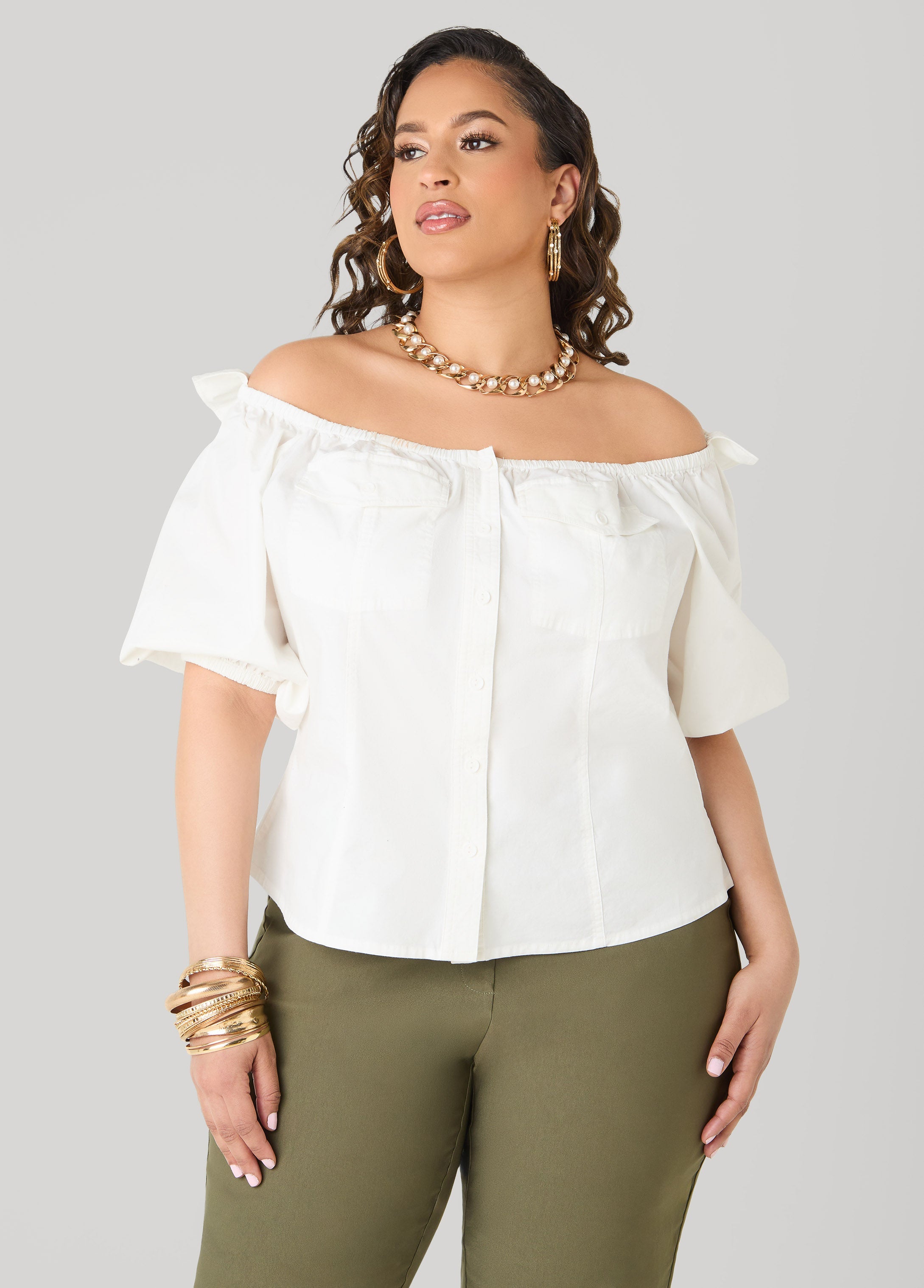 Puff Sleeve Off The Shoulder Shirt White | Ashley Stewart
