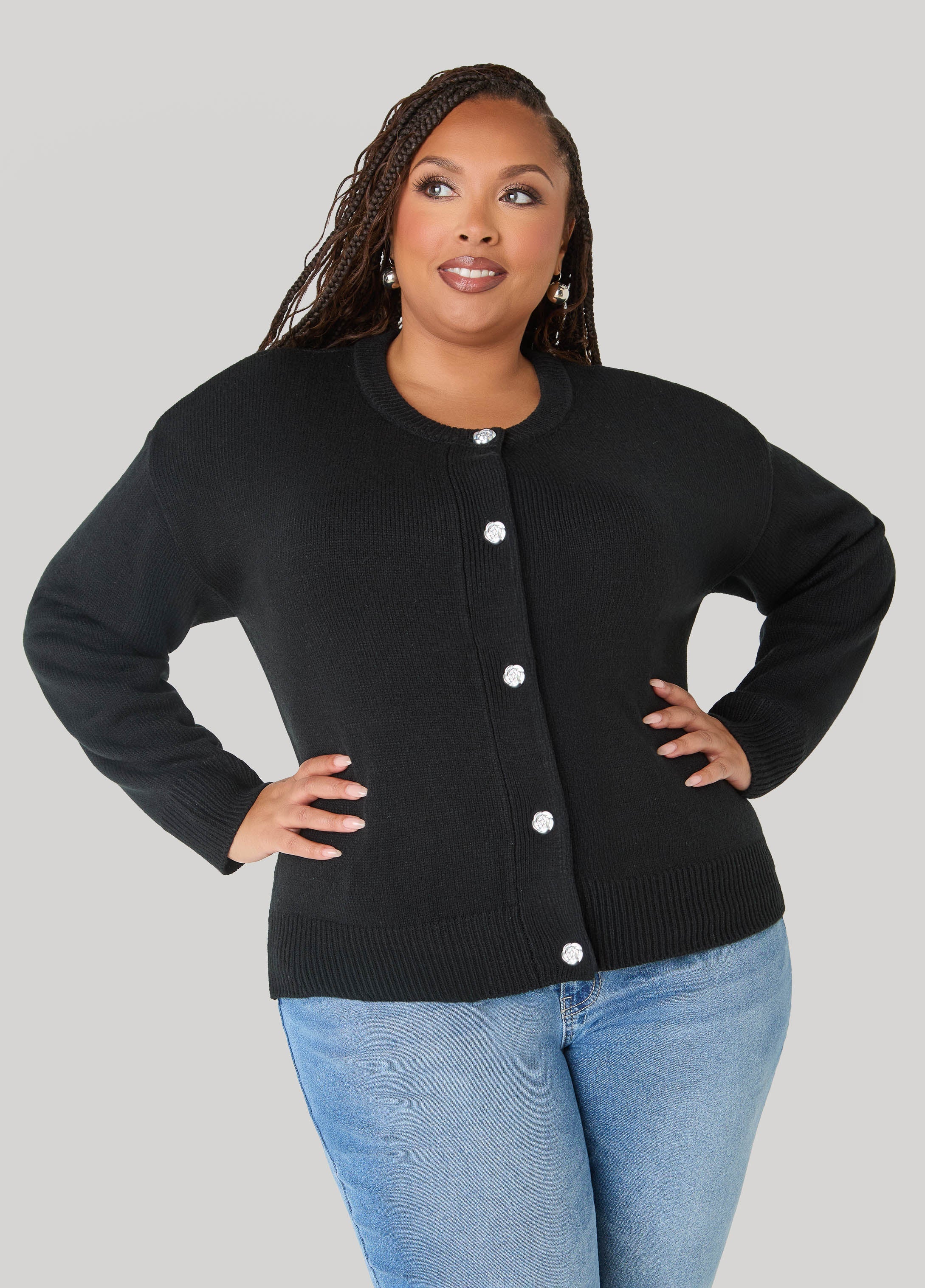 Rose Button Front Cardigan Black | Ashley Stewart