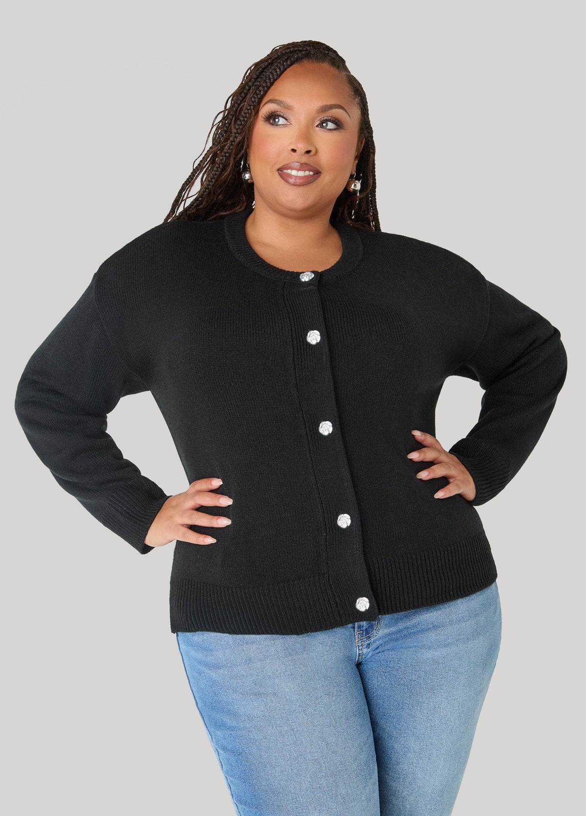 Rose Button Front Cardigan Black | Ashley Stewart