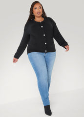 Rose Button Front Cardigan Black | Ashley Stewart