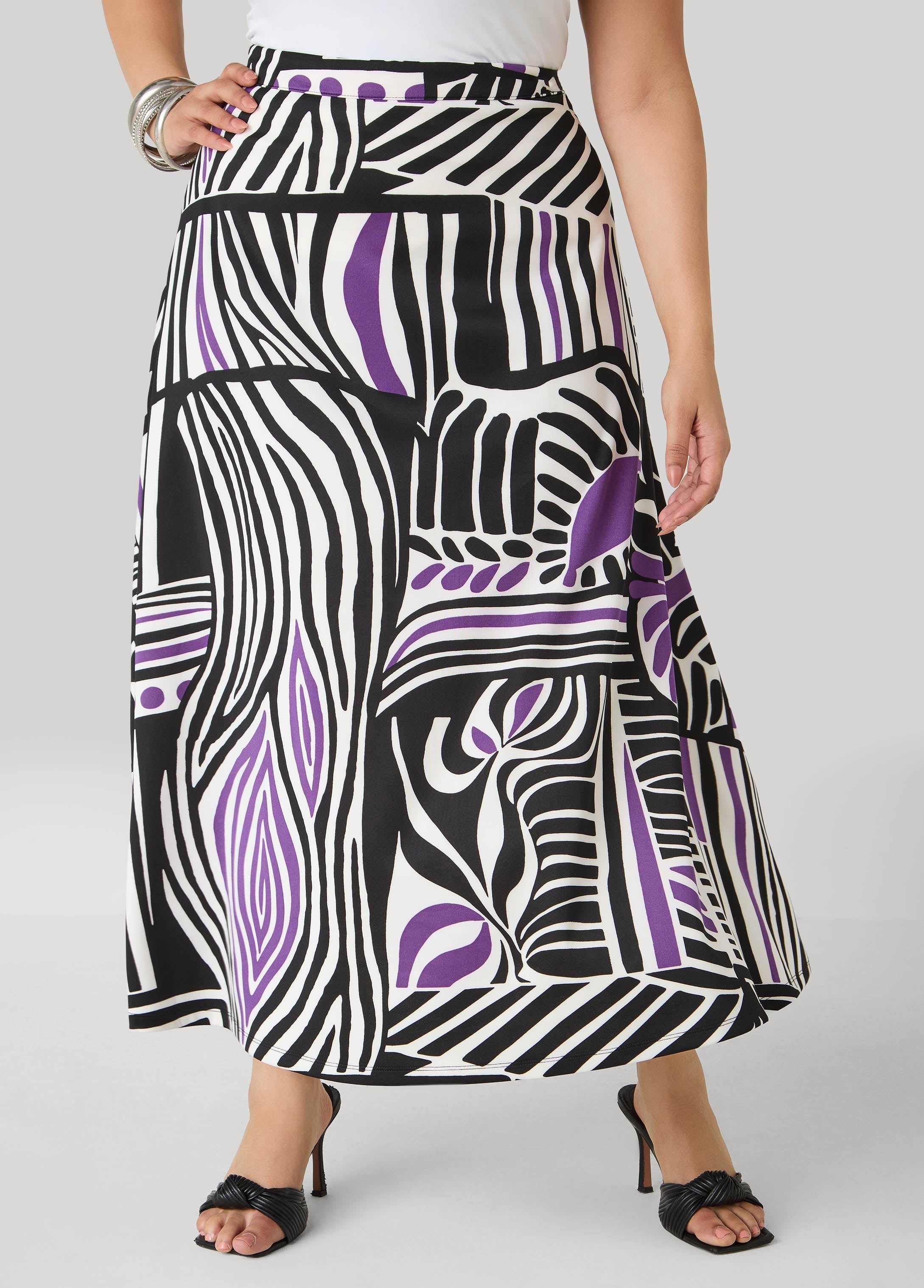 Geo Print Scuba Maxi Skirt Black White | Ashley Stewart