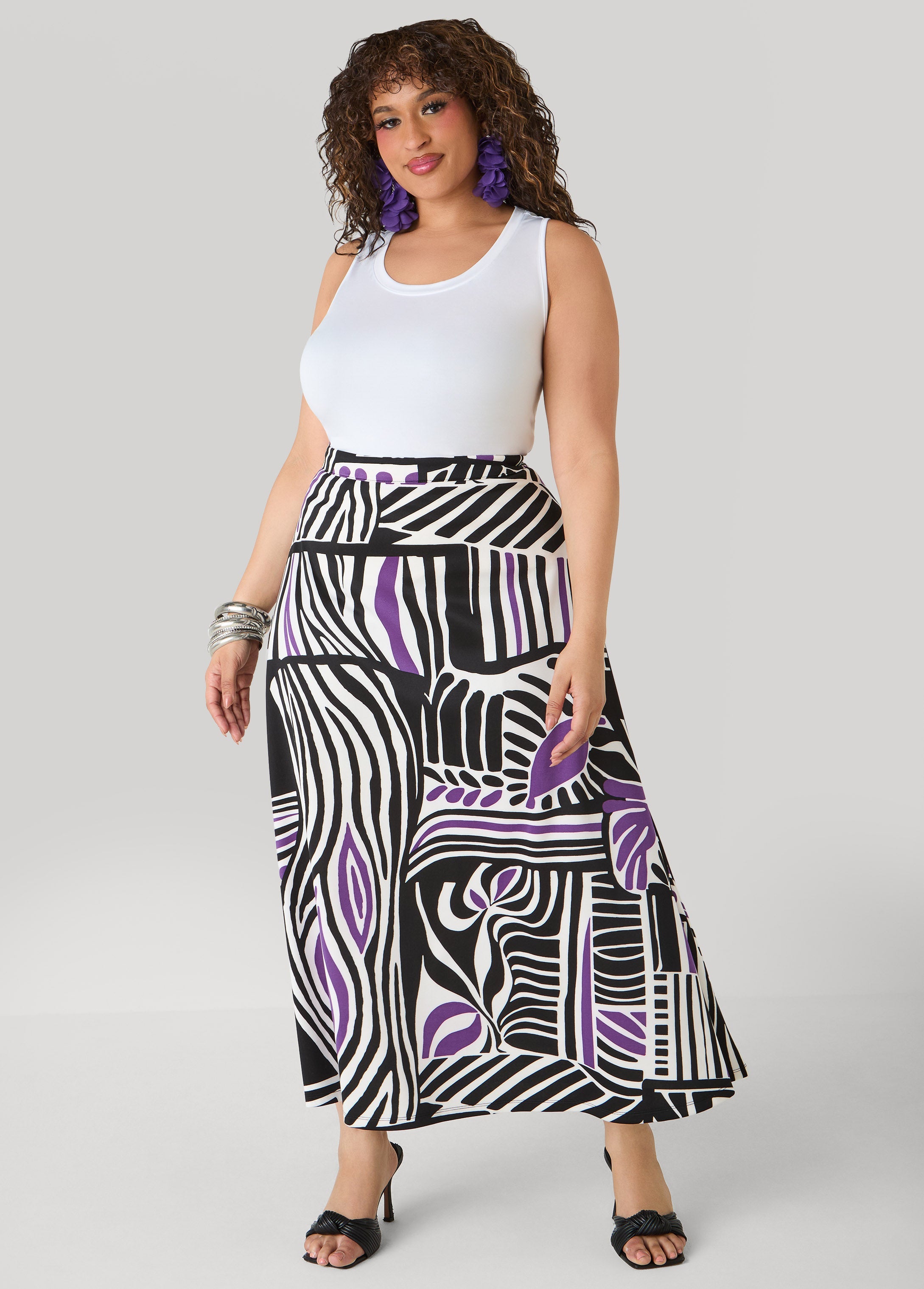 Geo Print Scuba Maxi Skirt Black White | Ashley Stewart