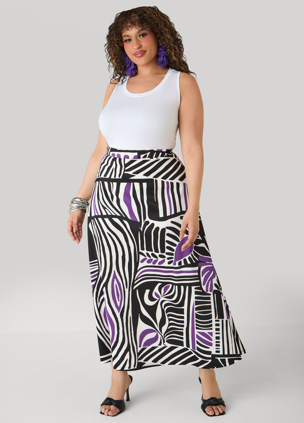 Geo Print Scuba Maxi Skirt Black White | Ashley Stewart